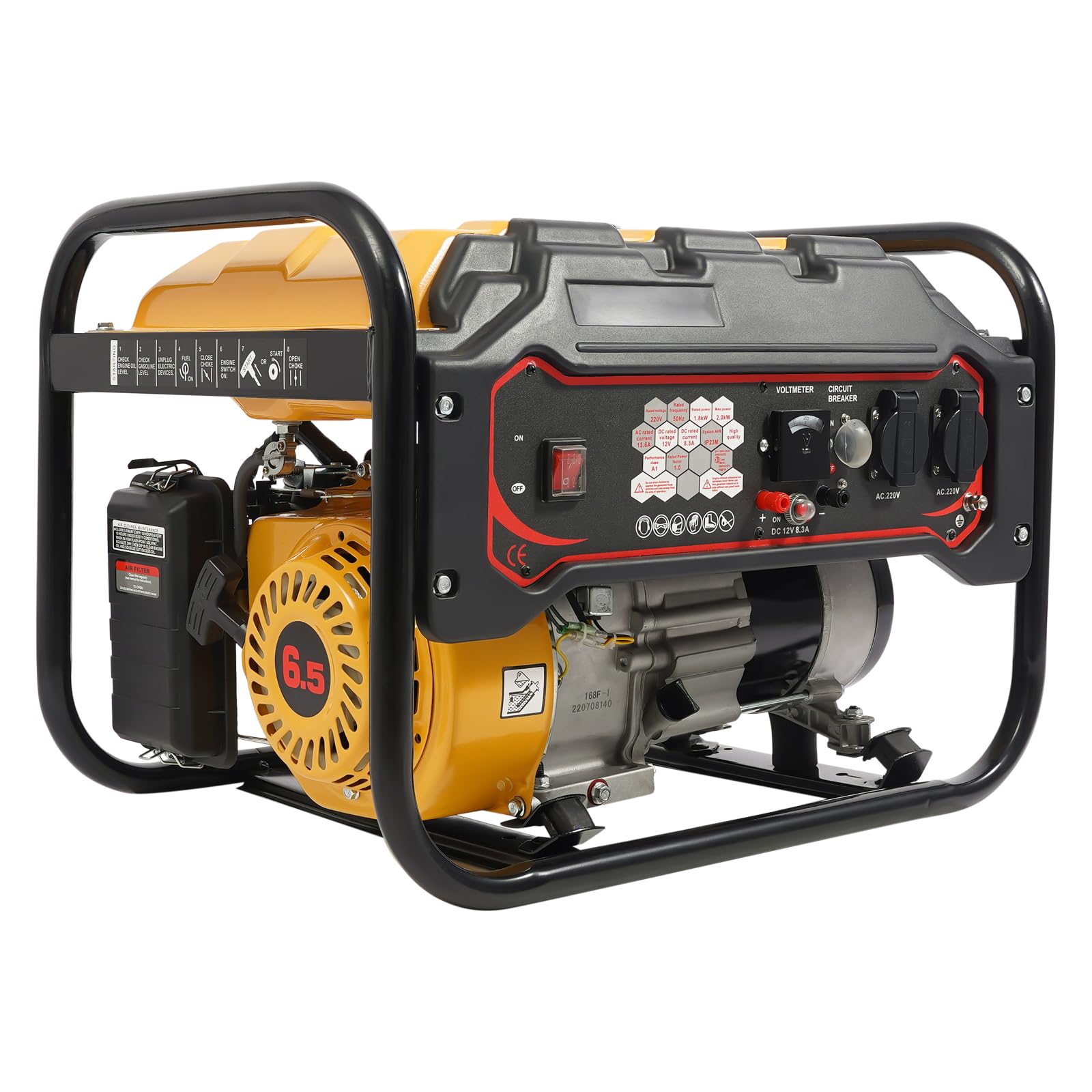 Inwerterowy generator prądu 2000 W, maksymalna moc 6,5 KM, 4-suwowy generator benzynowy 230 V, generator prądu na benzynę, awaryjny agregat prądu, przenośny generator, zabezpieczenie przed brakiem