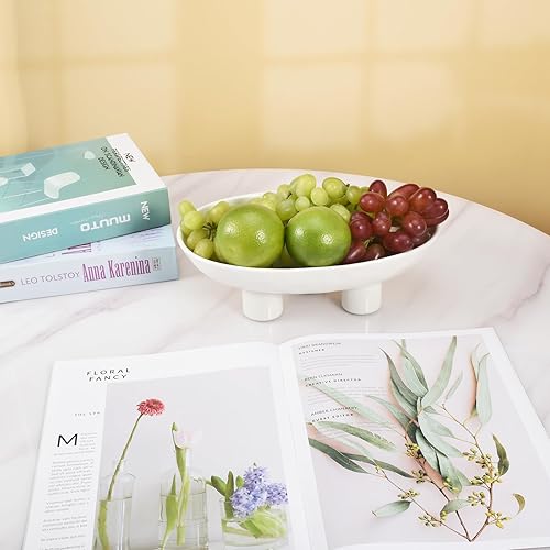 Miniatura 6 de Koythin Frutero de cerámica de tres patas, cuenco decorativo para decoración de mesa de encimera de cocina, cuencos grandes ovalados de 10 pulgadas,