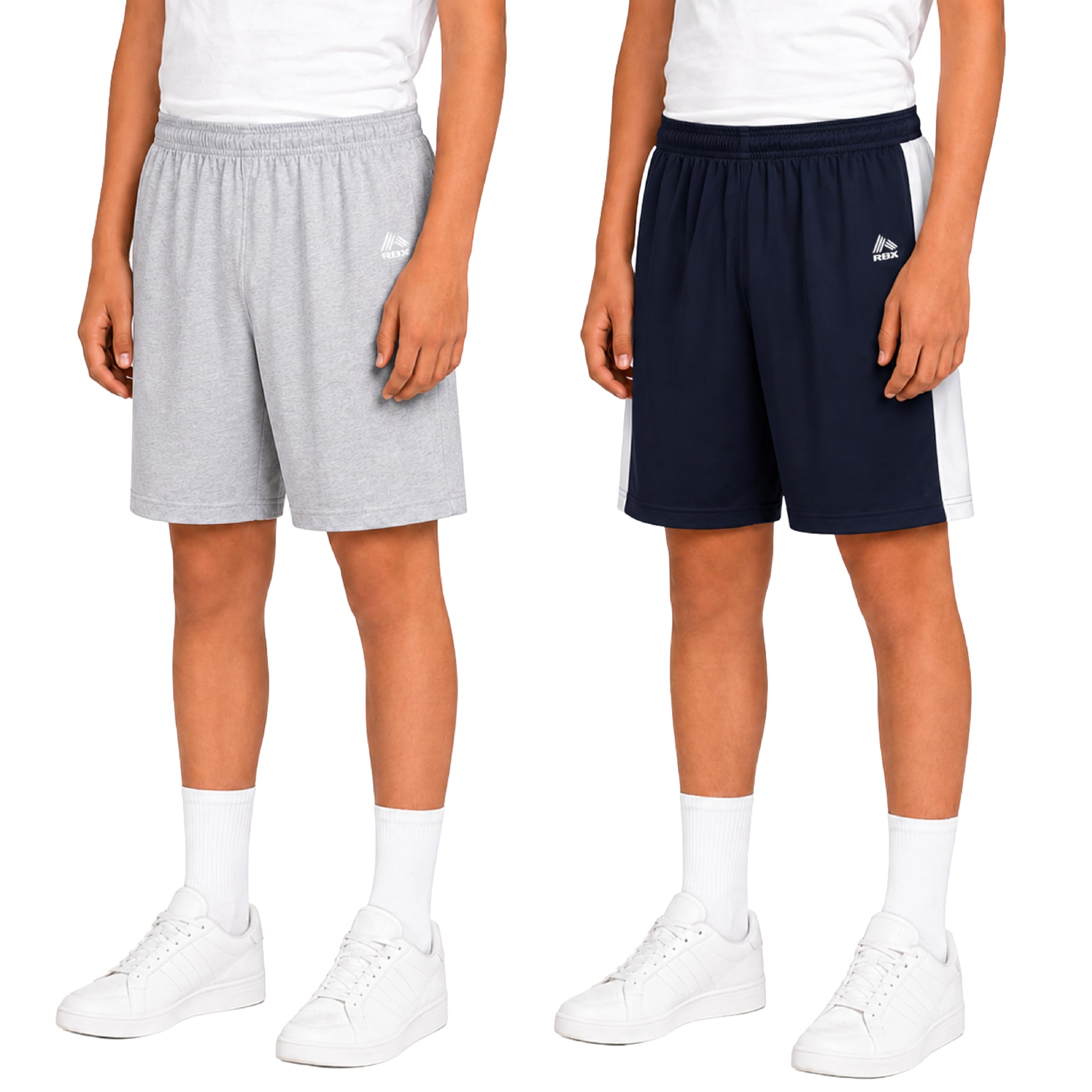 RBX Lot de 2 shorts de sport pour garçons en polaire respirante avec poches – Short de sport pour garçons, Bleu marine/gris, 8