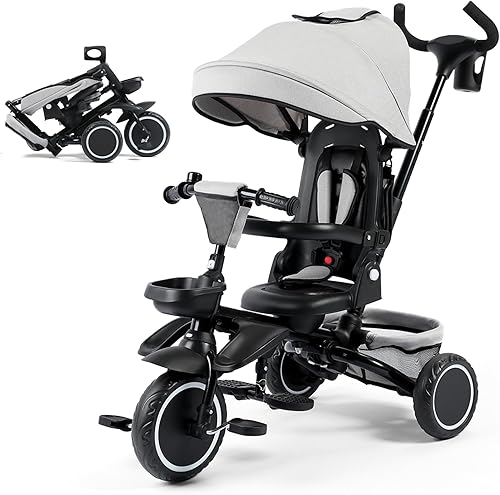 Triciclo infantil 8 en 1, plegable con asiento reversible, varilla de empuje ajustable y toldo, triciclo para bebé con campana, arnés de 5 puntos,