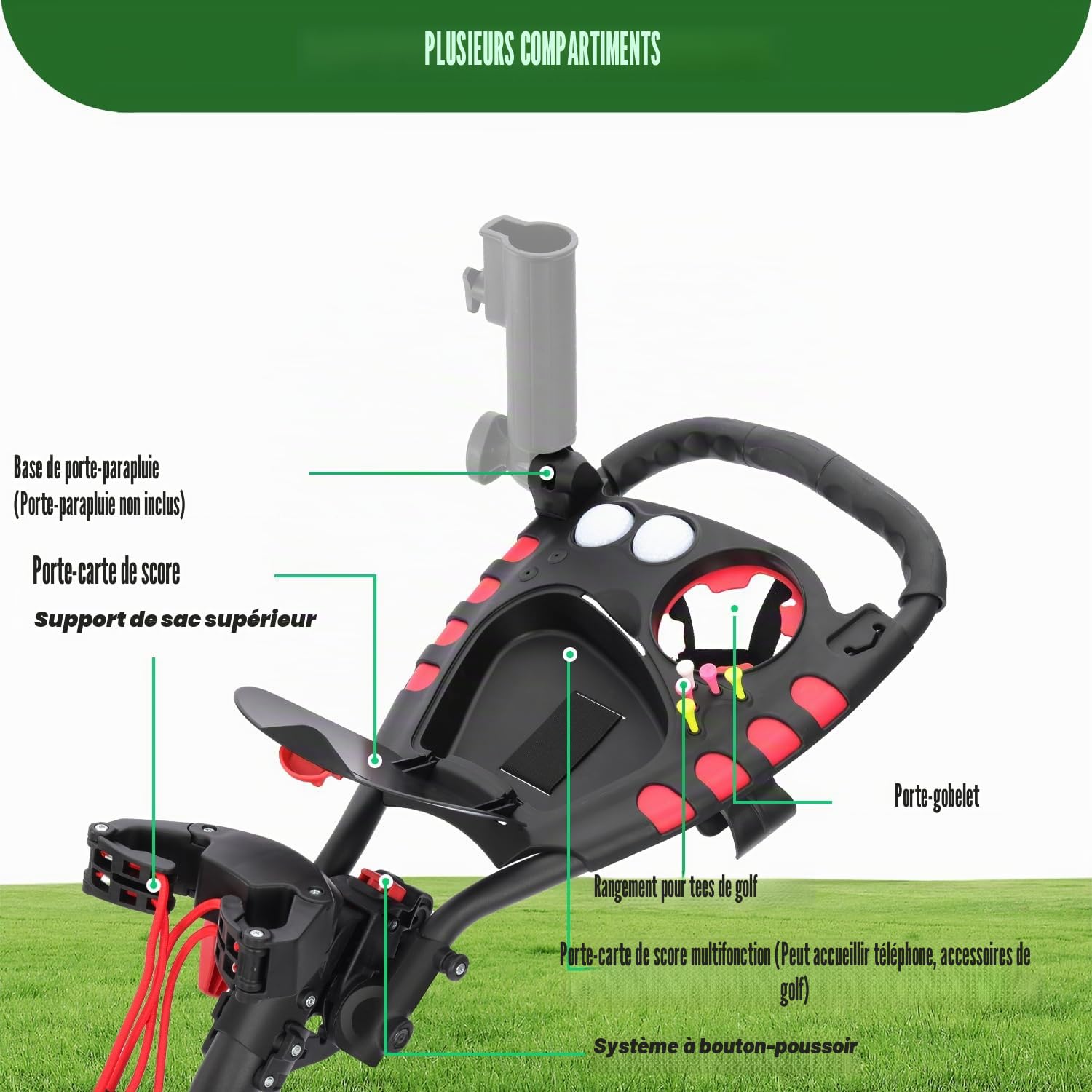 XDriveMax GC408 - Chariot de golf pliable à 3 roues - Léger - Pour clubs de golf et sac de golf - Avec porte-gobelet, porte-carte de score et compartiment de rangement - Rouge