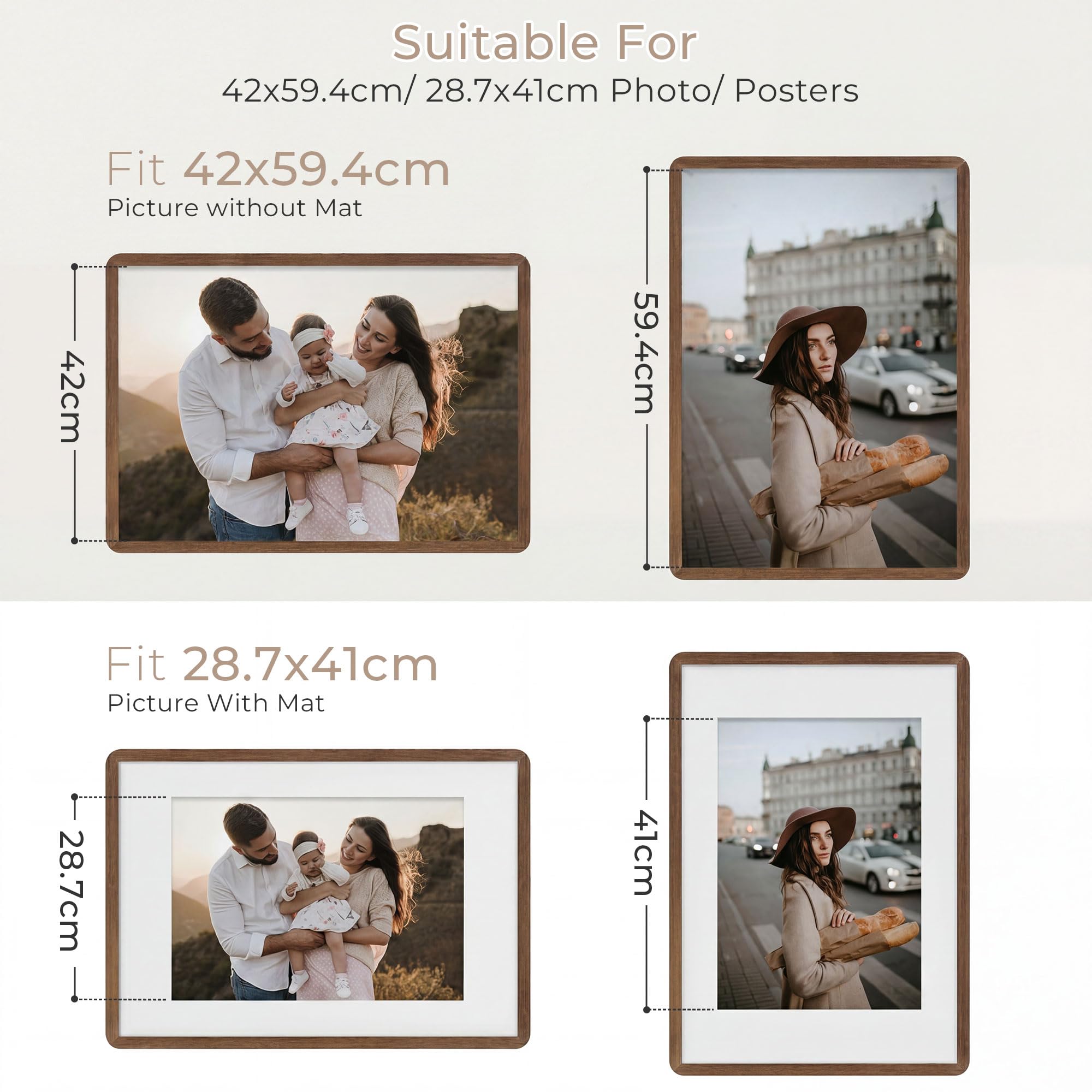 Bilderrahmen A1, 59.4x84cm, Eichen-Massivholz, Handgefertigte Rahmen, Braun | Gehärtetem Glas, A2 Fotos mit / A1 Fotos ohne Passepartout, zur Wandmontage, für Fotos, Kunstdrucke, Poster, Wohndeko