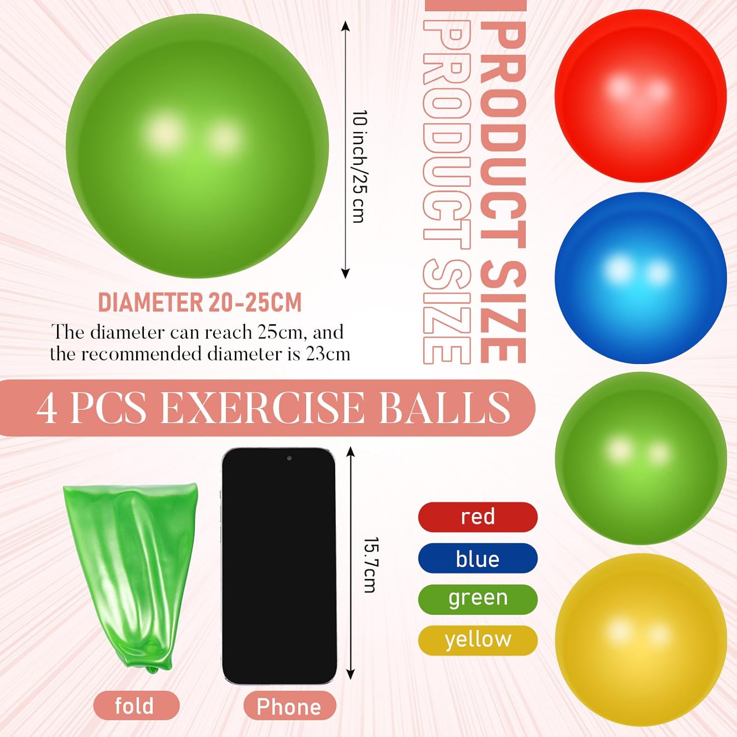 Leyndo 4 Pcs Yoga Exercise Ball Pilates Pregnancy Birthing Fitness Ball with Quick Pump Anti Burst for Improved Posture, Balance, Yoga, Pilates, Training, 4 Colors - Image 2