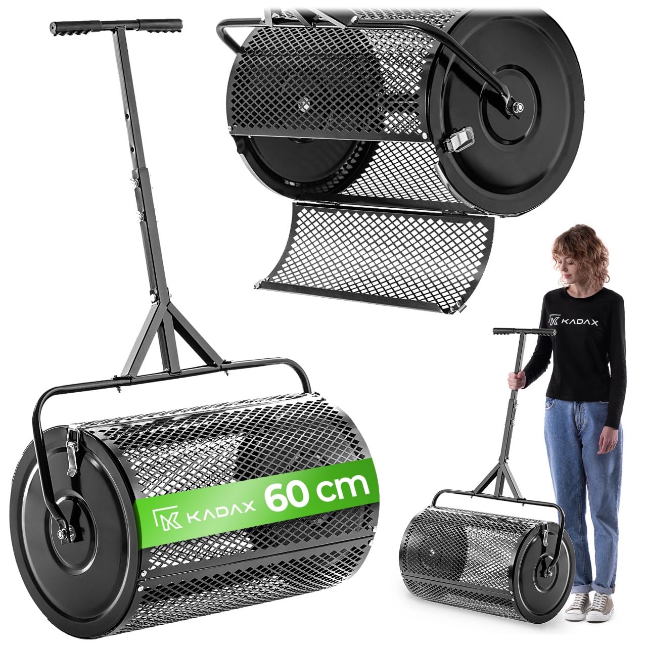 KADAX Kompoststreuer 75L mit feinmaschige Trommel, Streuwagen, Düngerstreuer aus Stahl, Gartenstreuer, Streuer mit höhenverstellbarem T-Griff, Handstreuer