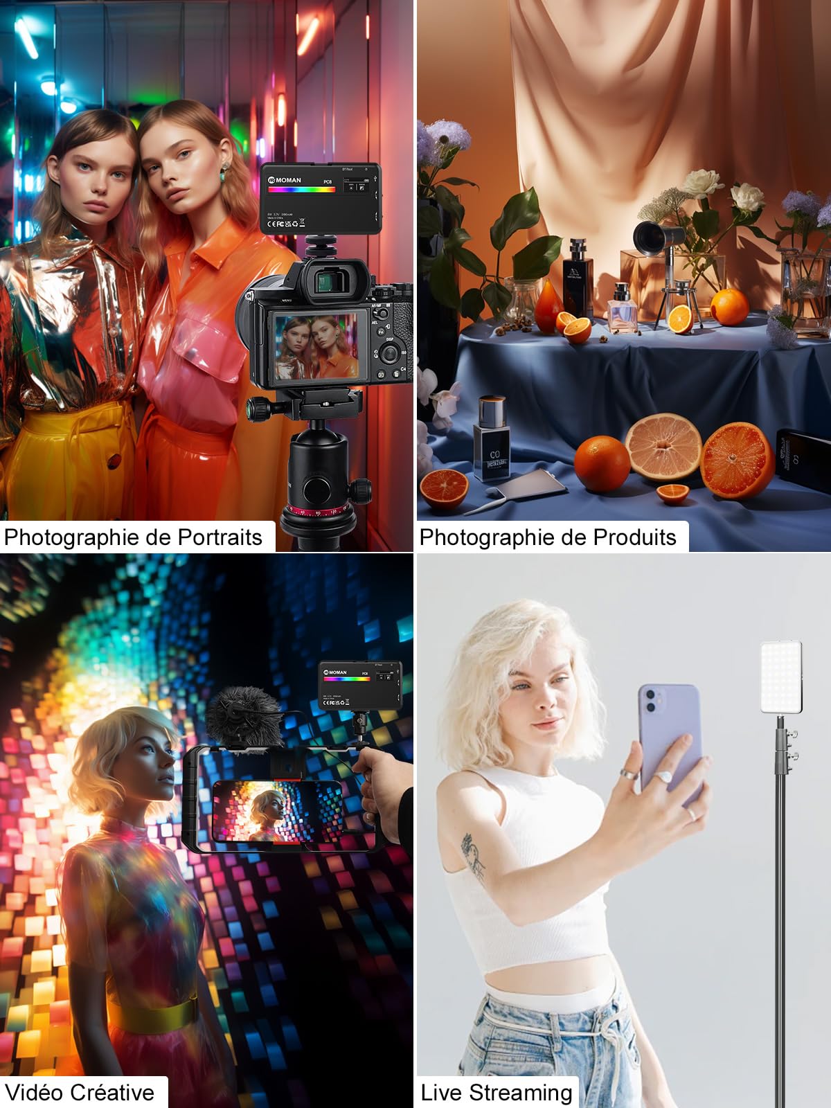 Lumiere Video, Moman PC8 RGB Panneau LED Apparreil Photo Portable 125g avec Batterie Rechargeable pour Photographie Streaming en Direct Enregistrement Youtube, Eclairage-Camera-Panneau-Lampe-Photo