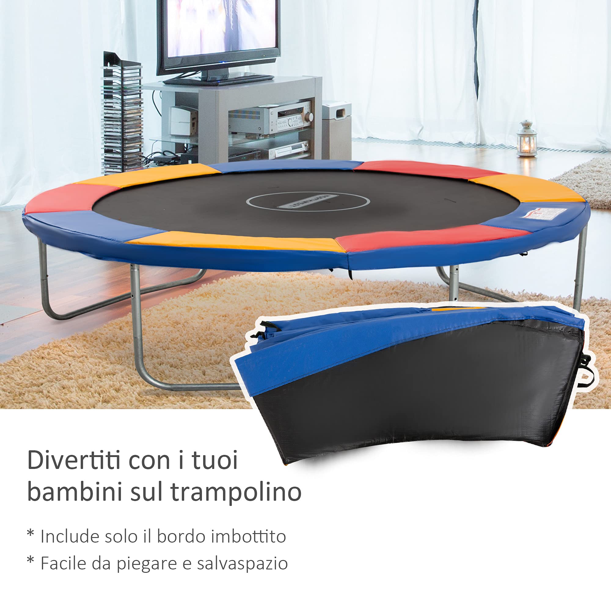 Outsunny HOMCOM Copertura Tappeto Elastico Ø305x1.5 cm Pieghevole e Portatile, Protezione Trampolino da Giardino in Plastica, PE e Schiuma EPE, Rosso, Blu e Giallo