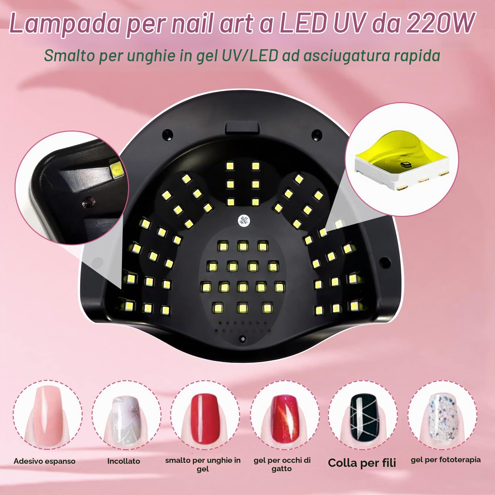 Lampada UV per unghie in gel, 220 W, professionale, veloce, lampada UV con 4 timer, touchscreen, sensore automatico, impugnatura portatile, lampada LED per unghie