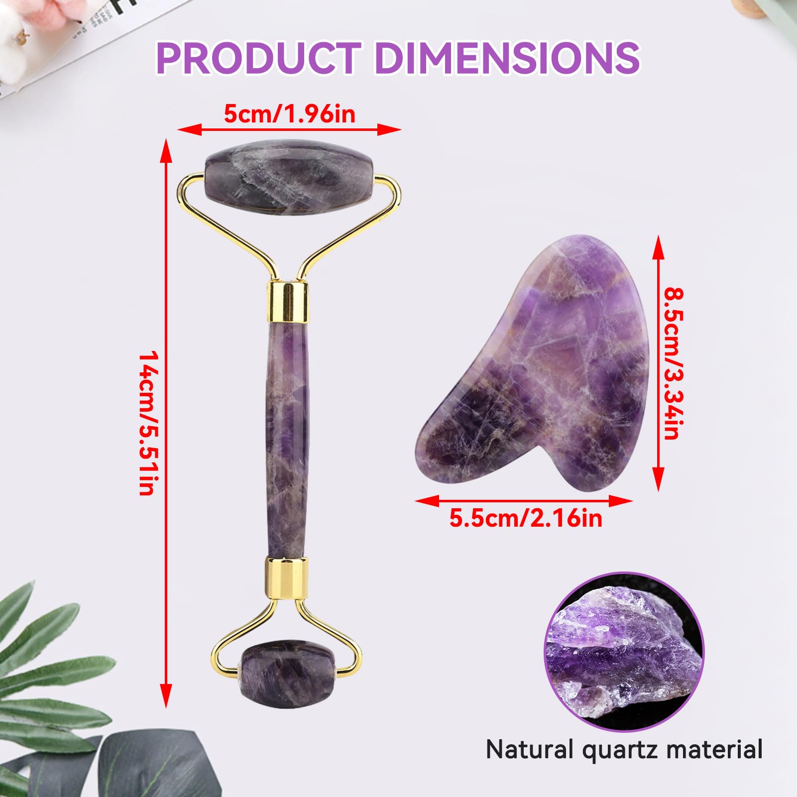 Rodillo De Piedra De Jade De Amatista Natural, Rodillo Para El Rostro Herramienta Guasha Para El Rostro Rodillo Facial Antienvejecimiento De Doble Cabeza Para El Cuidado De La Piel, Ojos, Cuello