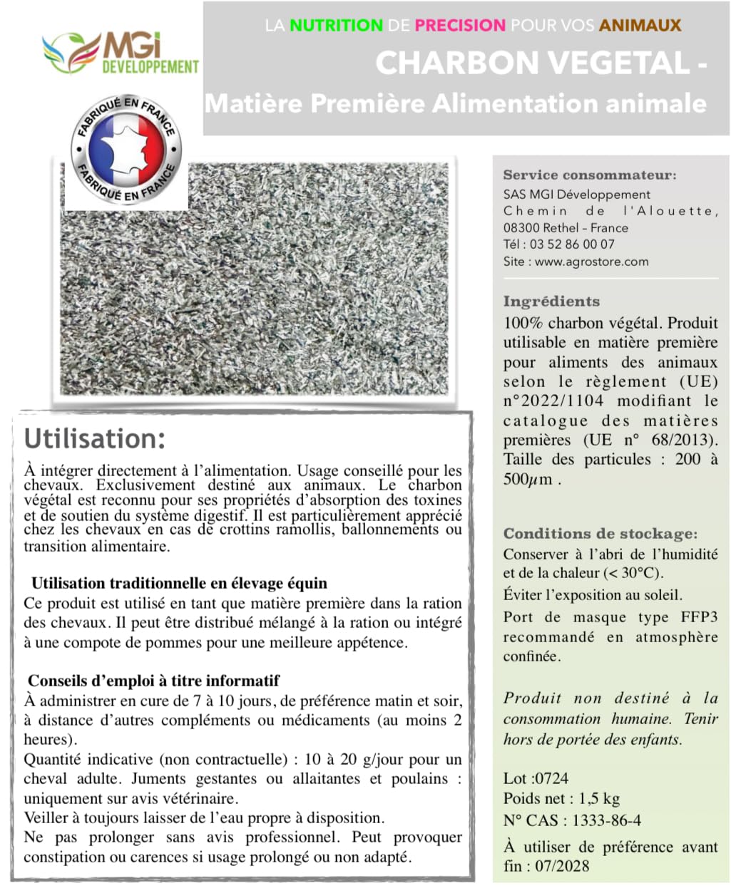 Charbon végétal pour chevaux et autres animaux– Matière première pour l’alimentation animale – 100 % naturel - origine France (1,5kg Granulométrie: 500-2000 Um)