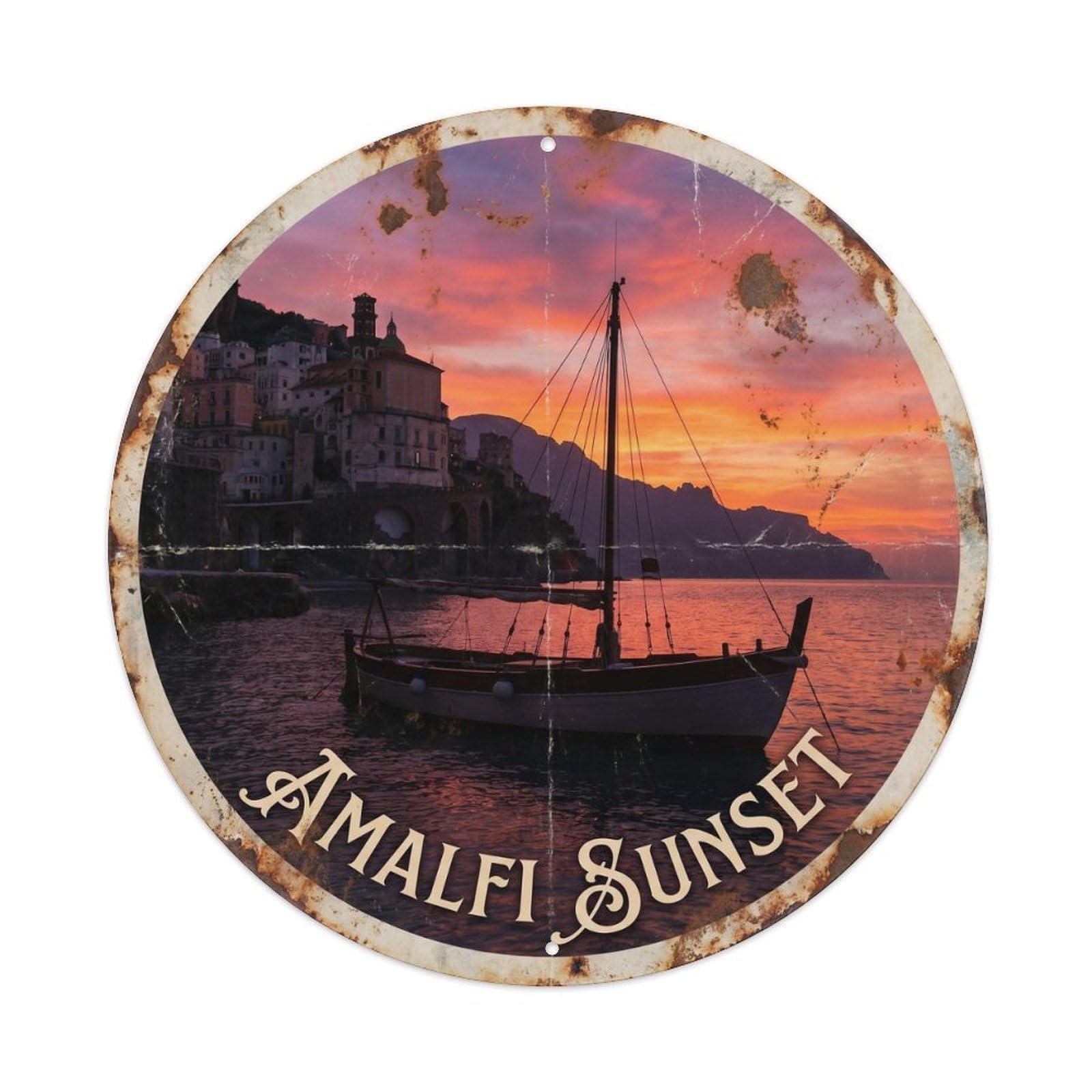 Vintage Travel Amalfi Coastal Sunset Boat Metal Tin Sign Plaque Wall Decor for Cafe, Club, Garden Round Metal Poster 8x8Inch