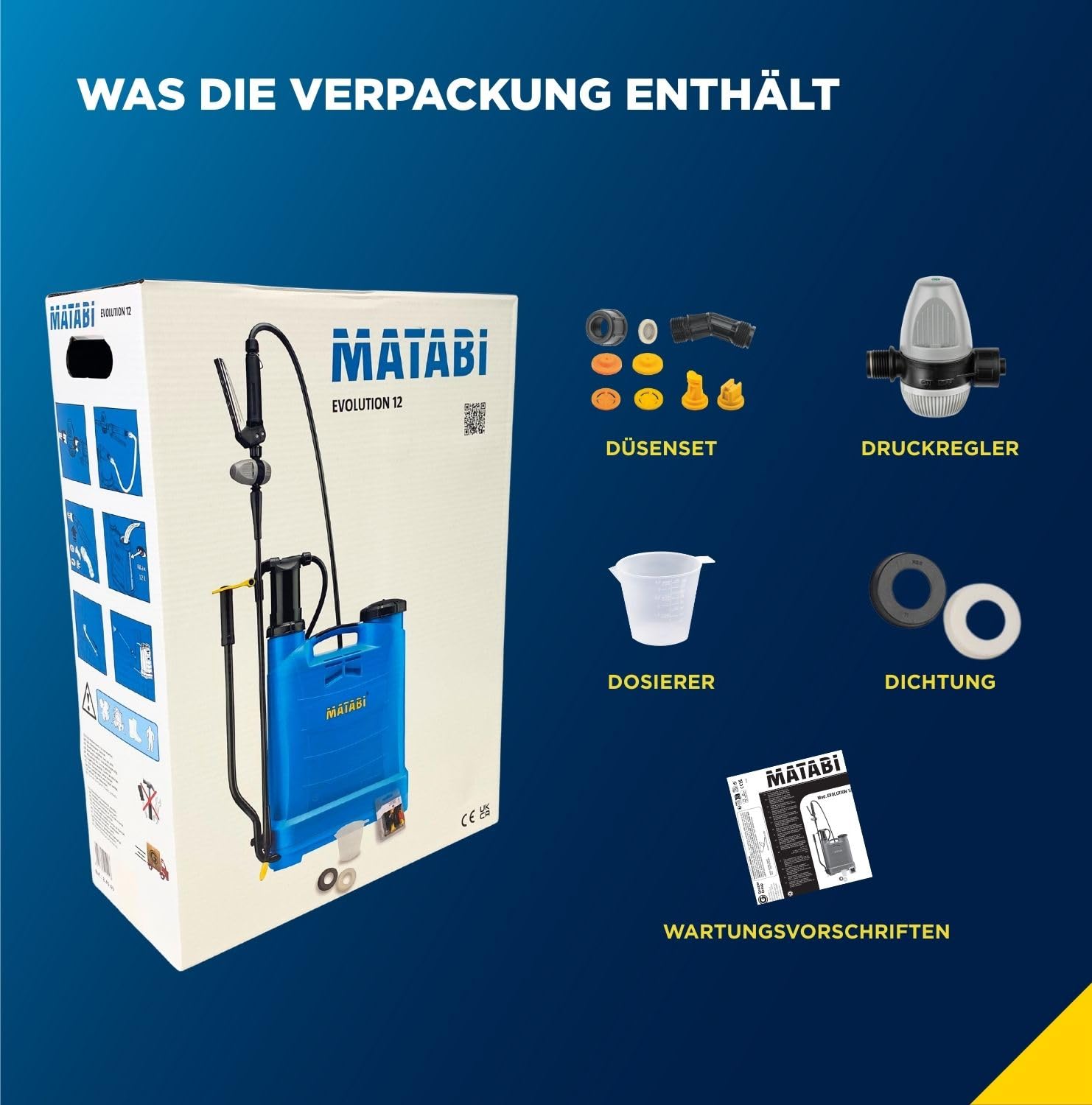 Matabi Evolution 12 - Drucksprüher 12 l - Druckregler, Edelstahlgriff | Manuelle Rückenspritze für Herbizide und Insektizide - Glasfaserlanze - 1,3 m Schlauch - Düsenset
