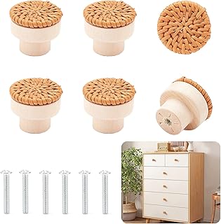 AMIJOUX 6 Pack Boho Rattan Dresser Knobs, Wood Drawer Knobs, Boho Furniture Knobs for Cabinets Dresser Handles Hardware Pulls, Handmade Woven Boho Wicker Knobs for Home Boho Wood Furniture Decor