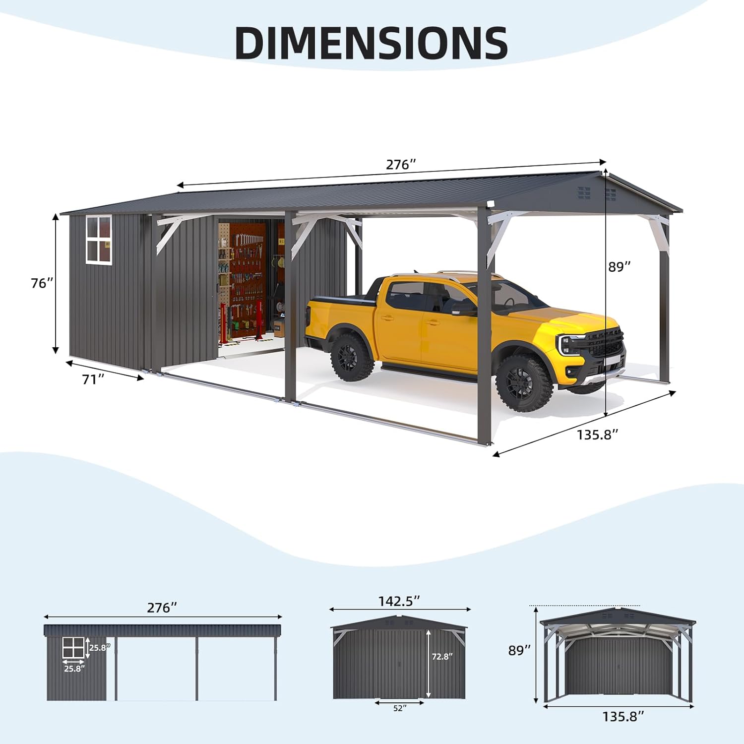 AECOJOY 12' x 23' Metal Carport with Storage Shed, 12' x 17' Outdoor Portable Garage Car Port with 12' x 6' Sheds& Outdoor Storage Clearance, Galvanized Steel Gazebo RV Car Tent Awnings for Patio