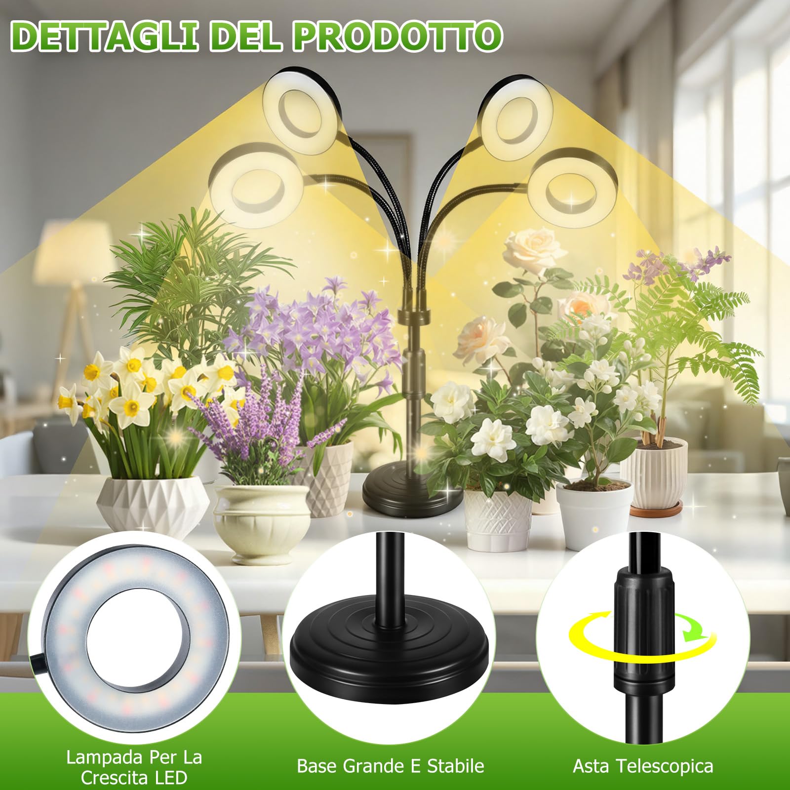 Lampada per Piante LED Spettro Completo, Grow Light 100 LED con Timer 4/8/12H, Lampada Piante 4 Teste con Collo d’Oca Flessibile, Luce per Piante da Interno per Piante e Scaffali