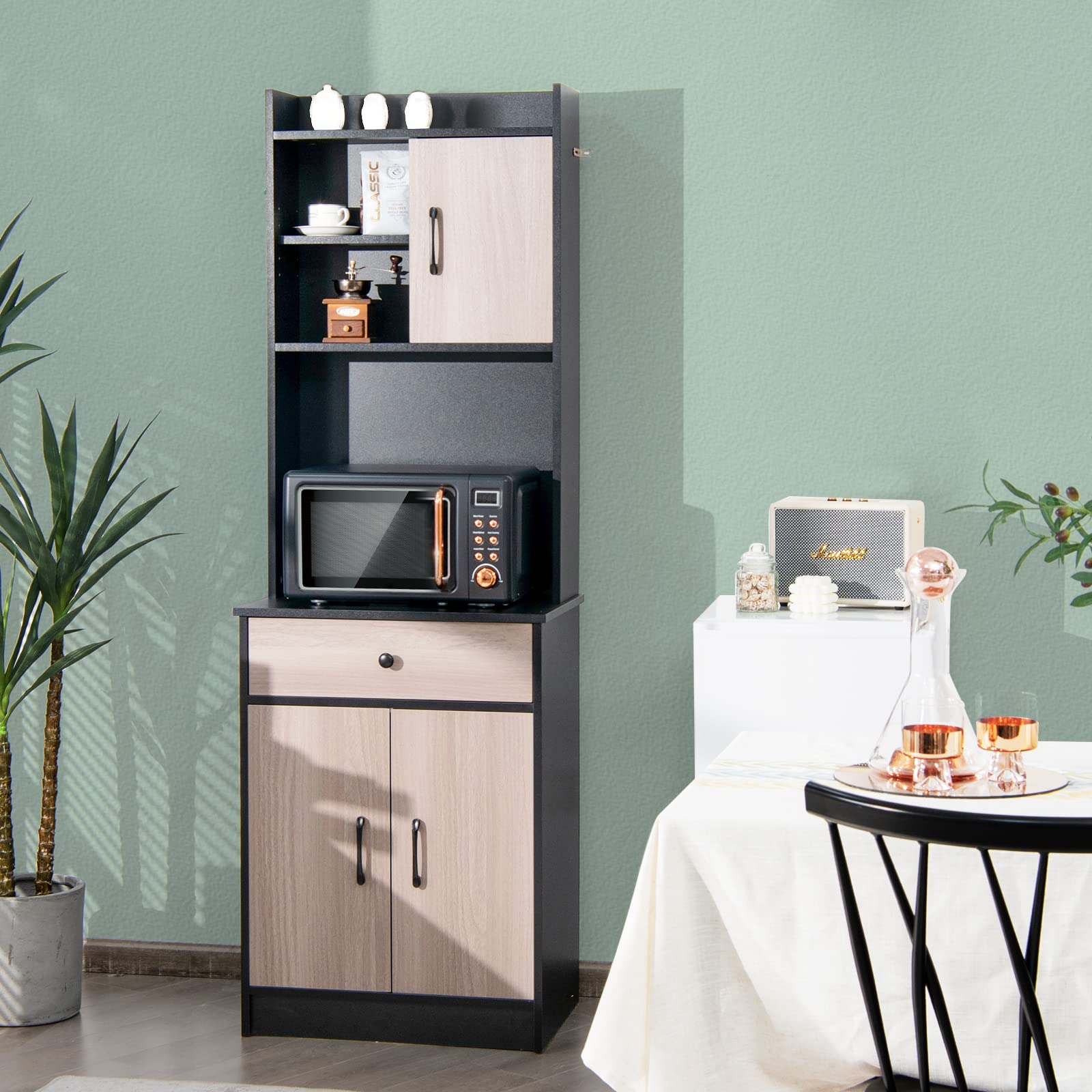GIANTEX Küchenschrank Buffetschrank Küche, Mehrzweckschrank 60cm Breit, Mikrowellenschrank Hoch 180cm, Aufbewahrungsschrank mit Schublade & verstellbaren Einlegeböden, Hochschrank mit Kippsicherung
