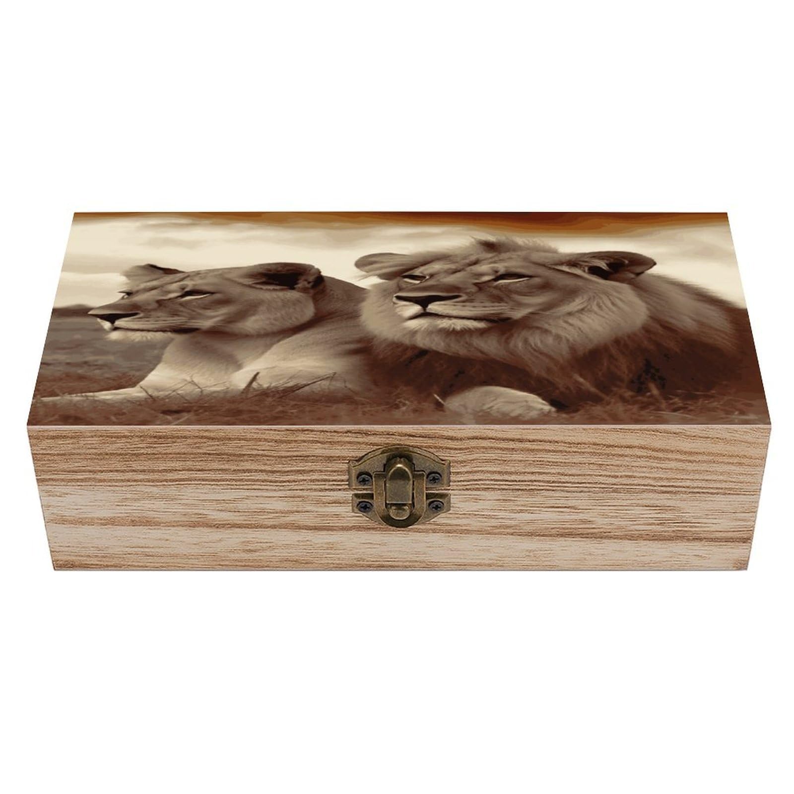 VstaDank African Lion And Lioness Wooden Storage Box Wooden Keepsake Box with A Hinged Lid Fashion Memory Treasure Boxes Decorative Jewelry Case for Crafts Photo Home Decor Wood Gift Box