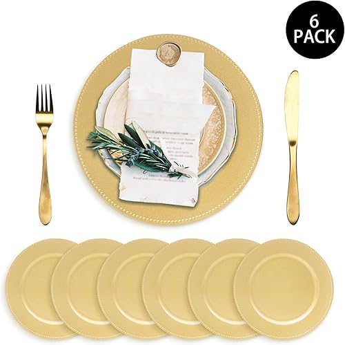 Miniatura 7 de MAONAME Juego de 6 platos de carga dorados de 13 pulgadas, cargador redondo para platos llanos, cargadores de platos con borde de cuentas