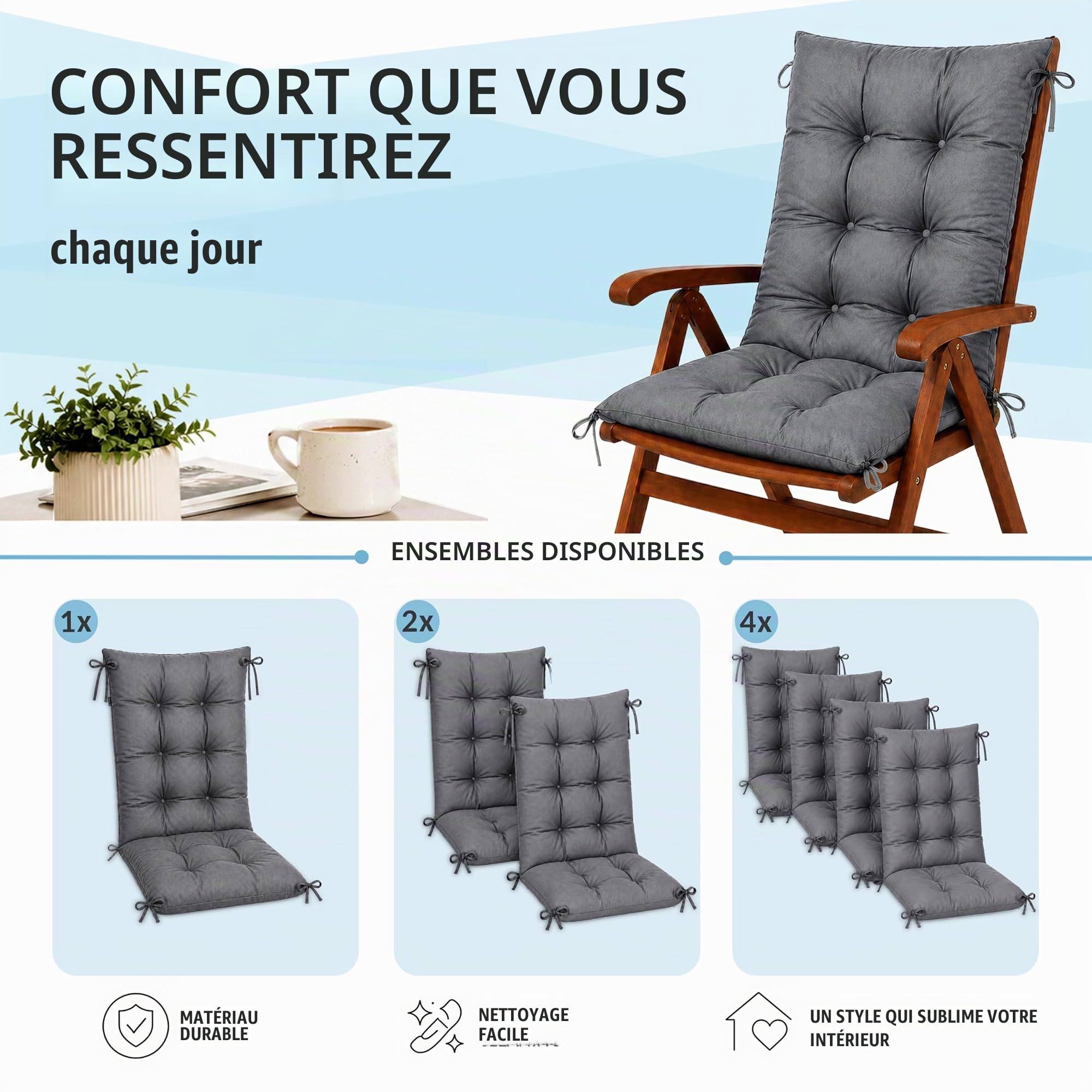 POKAR Lot de 2 Coussins Chaise Jardin Dossier Haut 120x50x10 cm | Matelassé Imperméable | Coussins Fauteuil Exterieur | Matelas de Siège Jardin | Rembourrage Épais | Oeko-Tex | Made in EU | Gris