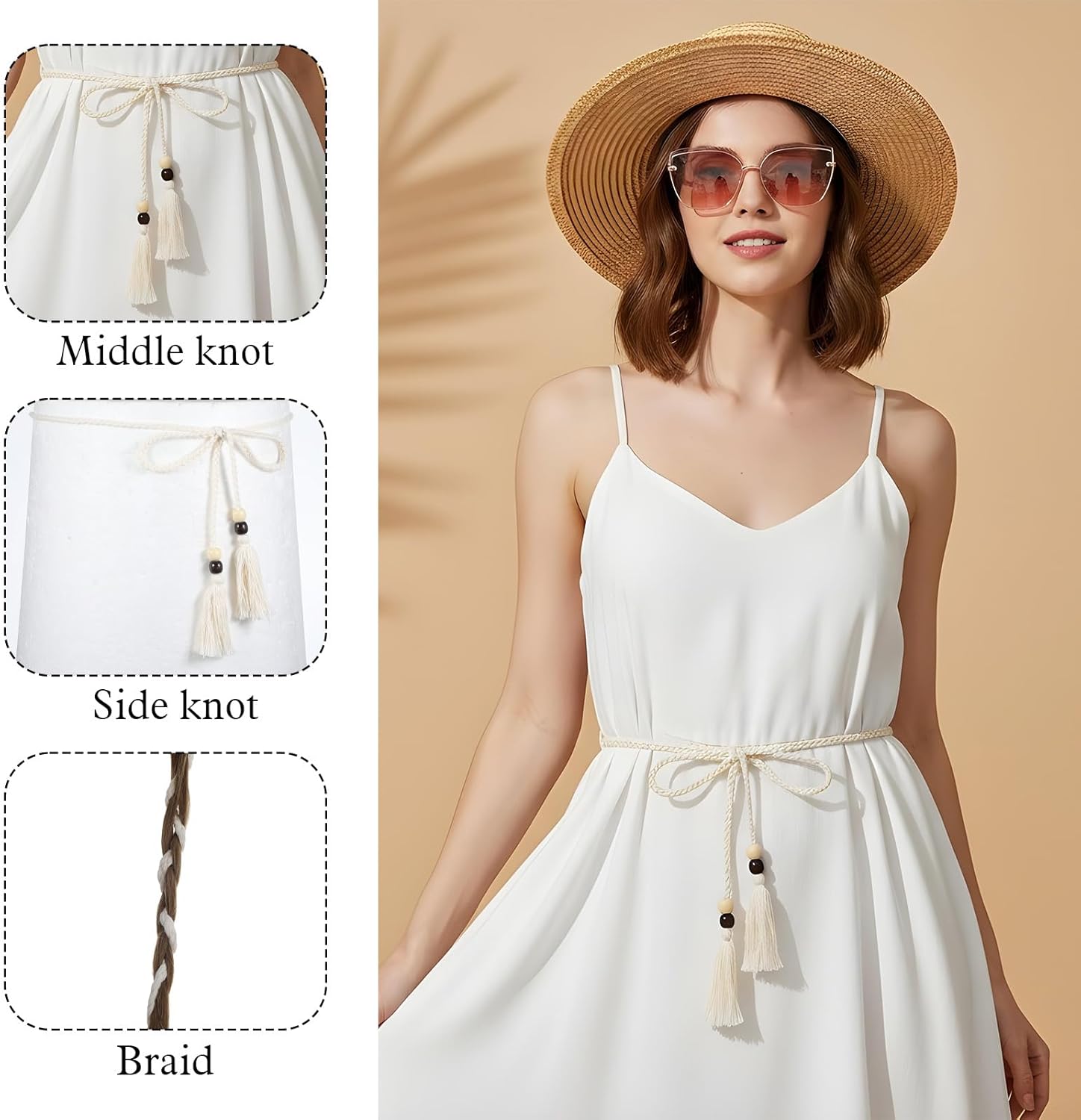 Bremorou Elegant Women's Rope Belt With Tassel White Rope Belt Macrame Belts For Women Braided Waist Tie Trendy Boho Thin Belts(White,Black) - Image 3