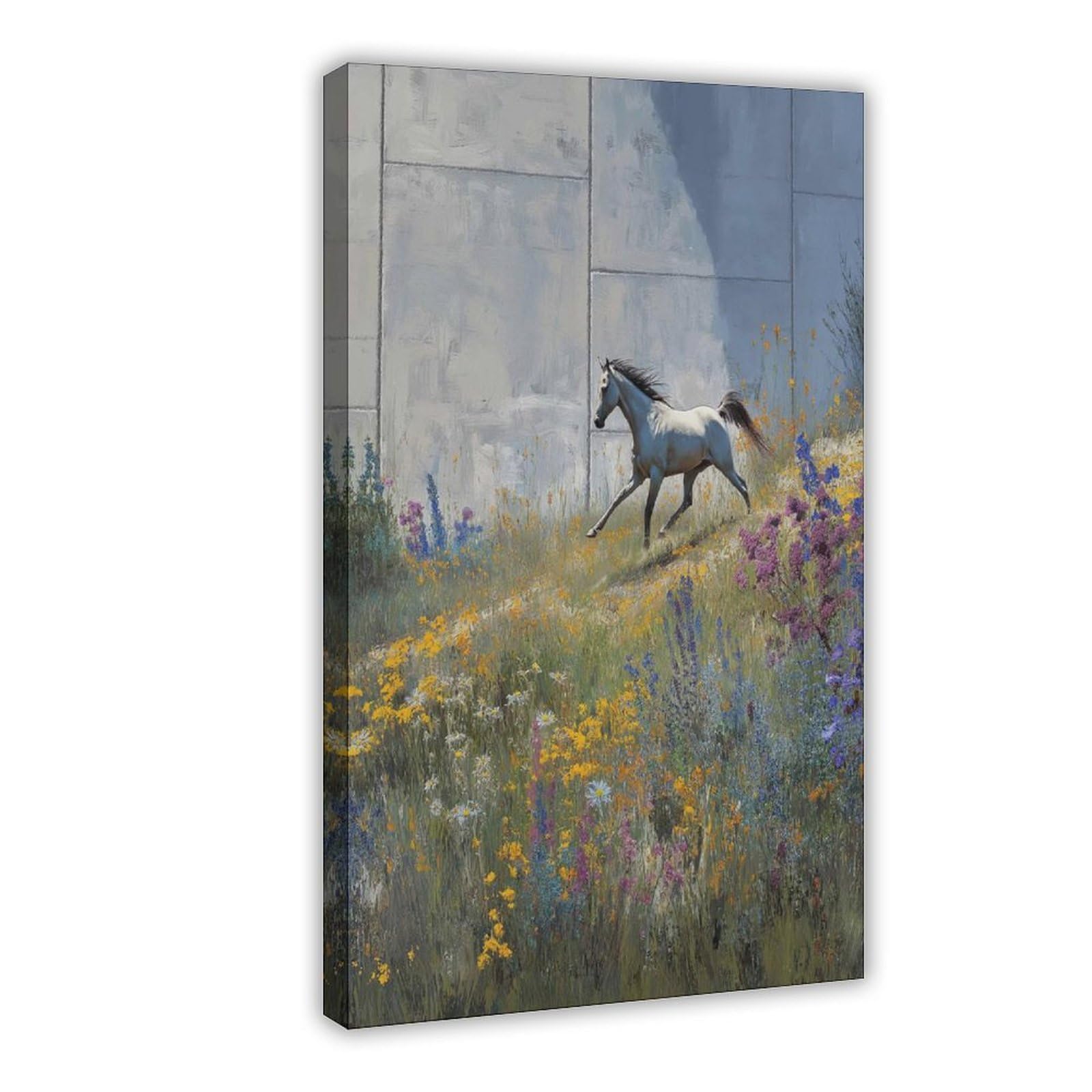 Bareronor White Horse Wildflower Poster Canvas Poster Bedroom Decor Landscape Office Room Decor Gift 24" L X 36" W