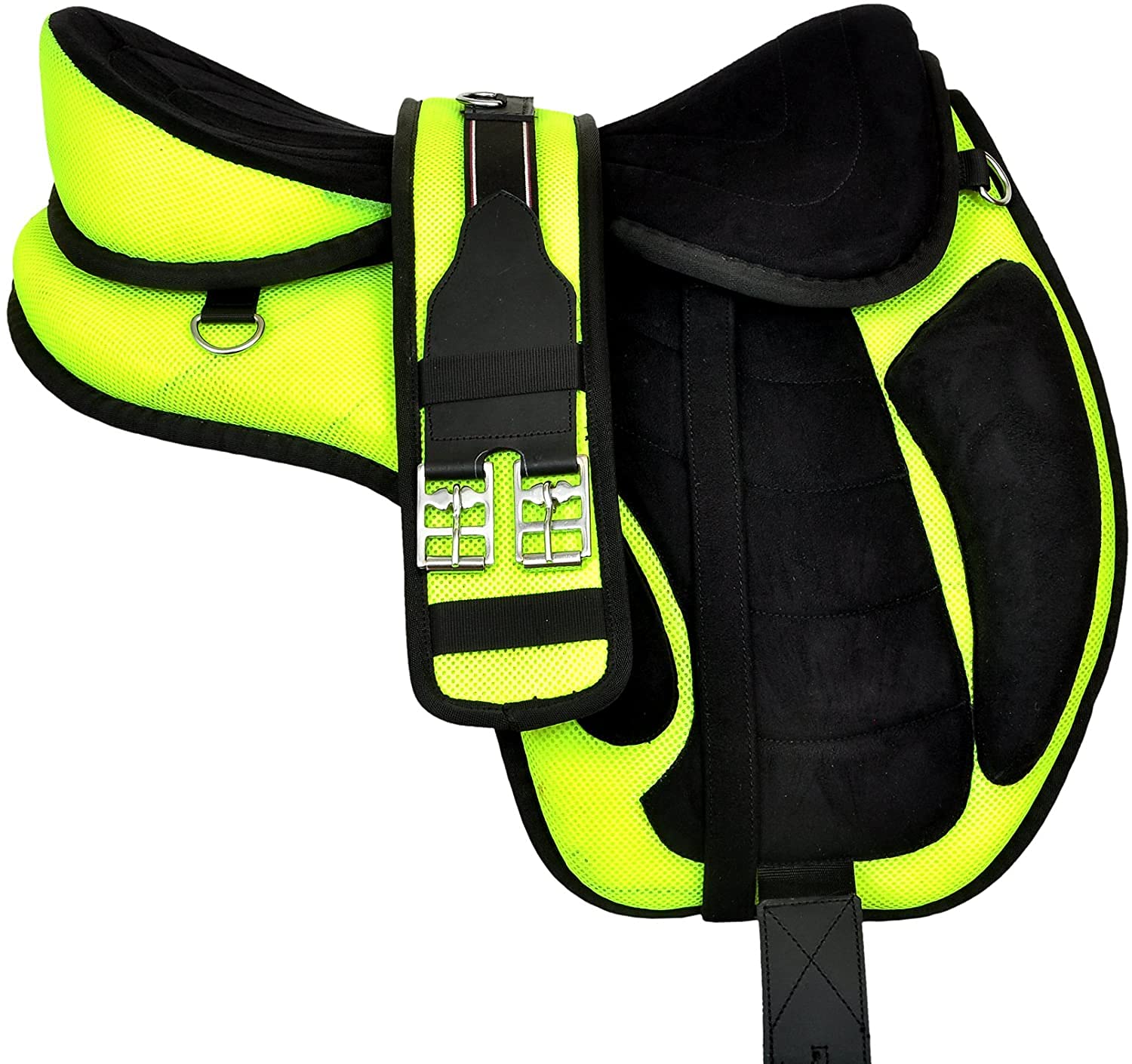 Synthetic Treeless Freemax English Horse Saddle with Matching Girth and Aluminum Stirrups Pair Set (Green, 13 Inches Seat)