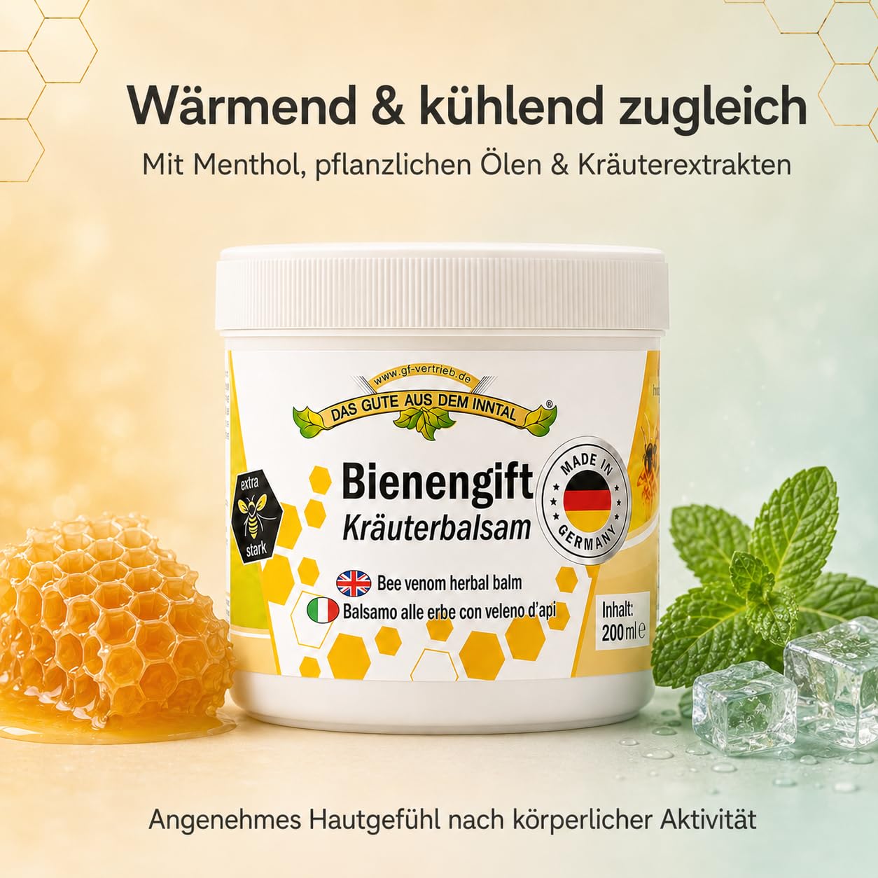Bienengiftsalbe 200ml - Pflegecreme Kräuterbalsam extra stark - Wärmend & kühlende Bienencreme mit 12 Pflanzenextrakten, Menthol & Avocadoöl - Bienengift nach Sport & Belastung