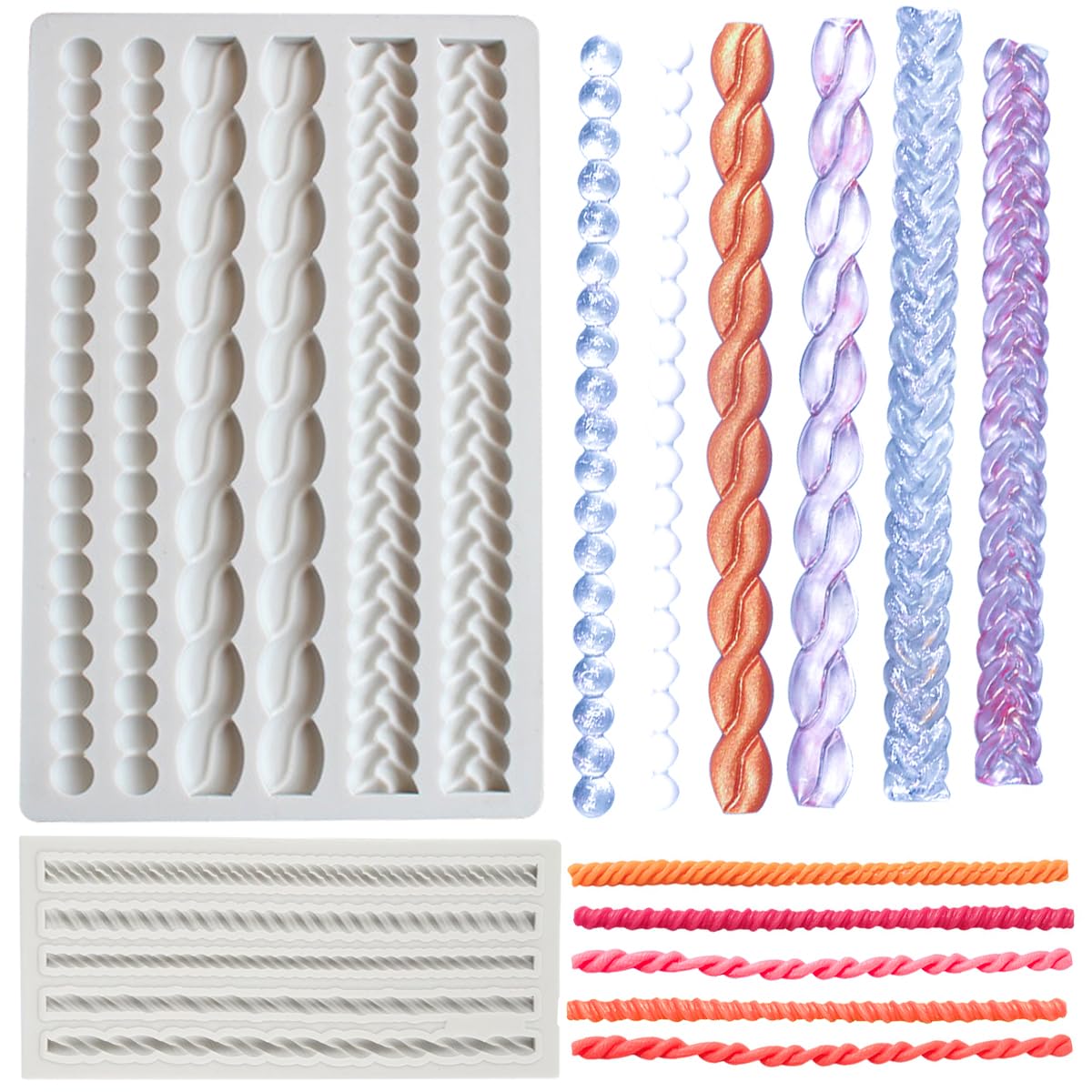 Muiltvoe 2 PCS Hemp Rope Fondant Mold Knit Rope Silicone Mold Rope Cake Decorating Silicone Molds Pearl Fondant Molds Rope Border Fondant Braid Mould Chain Sha
