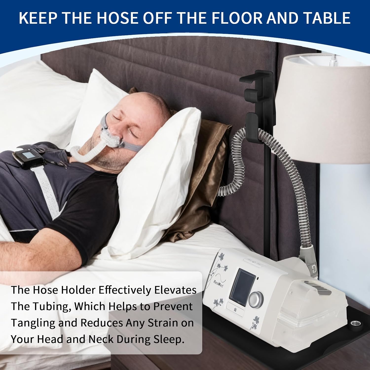 CPAP Hose Holder for Bed - (Wall-Damage-Free) Black CPAP Machine Protective Tray with Adjustable Height Hook for Hanging Mask & Accessories to Keep Bedside Tidy