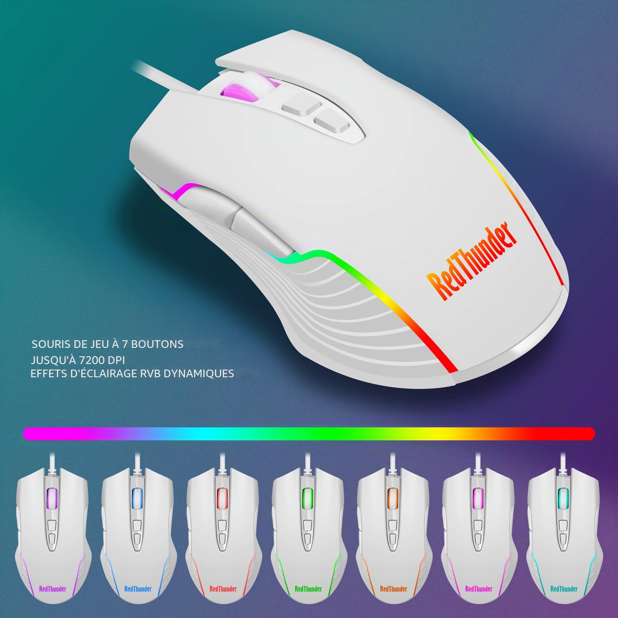 RedThunder K10 Clavier de jeu filaire et souris combiné, disposition britannique, rétroéclairage RVB, clavier ergonomique anti-ghosting + souris 7D 3200 DPI pour PC, Mac (blanc)