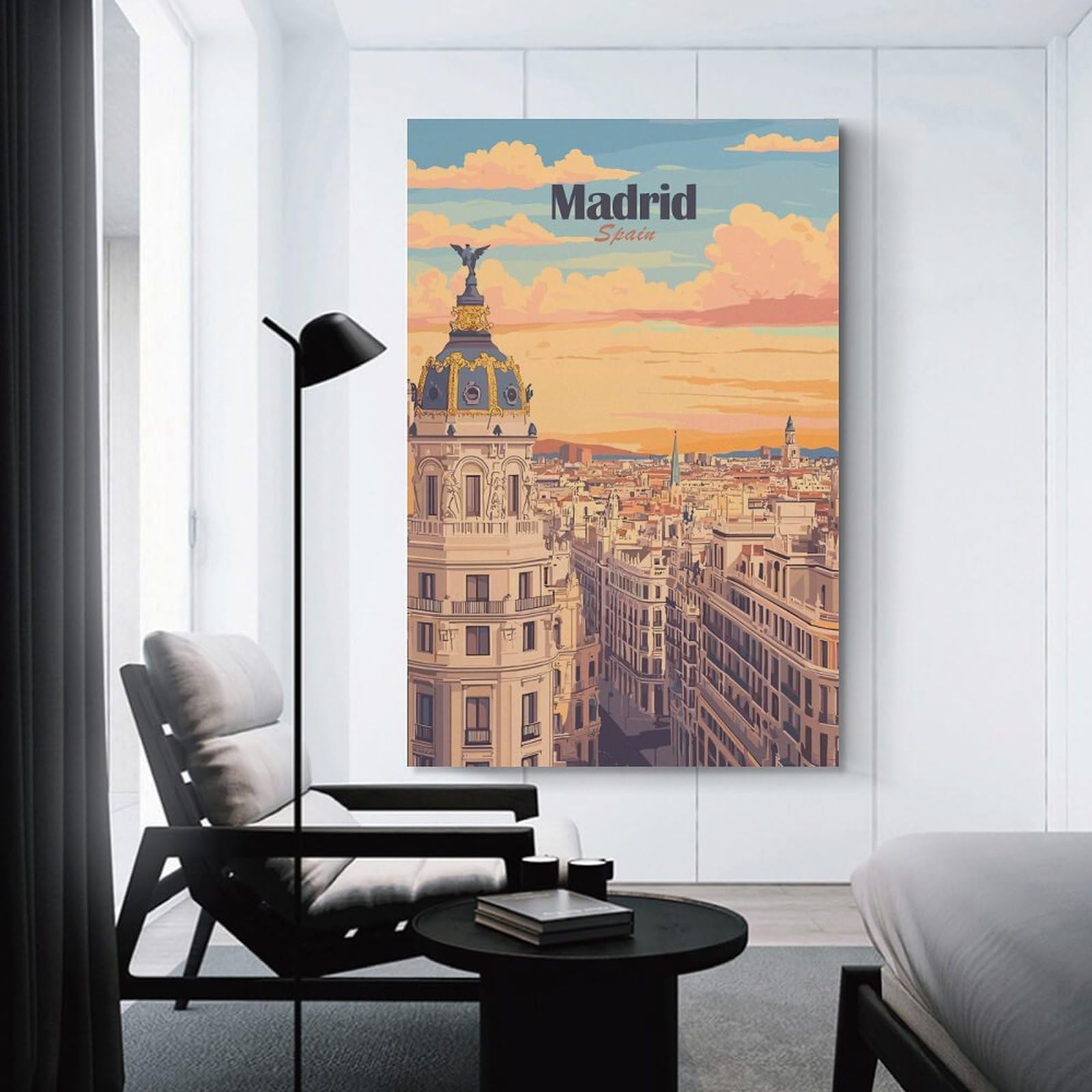 Junmoney Madrid, Spain Cityscape Illustration Home Decor Wall Art, 24x36inch(60x90cm), for Bedroom, Lounge Or Dressing Area, Canvas Wall Decor for Personal Spaces