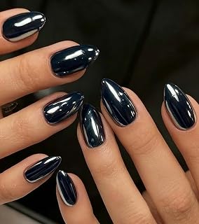 Artquee Press on Nails Short Black Shine Almond False Tips Glossy Reusable Fake Stick on Nails Kit for Women - 32 PCS 16 Sizes