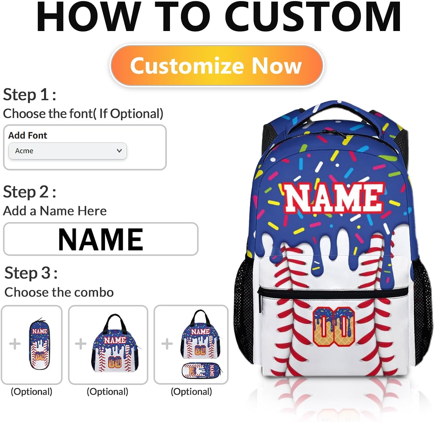 Kids Backpacks Custom Baseball Drip Bookbag for Boys Casual Backpack for Kids 6-8, 17 Inch Blue Schoolbag Gift for Travel School Vacation - Image 3