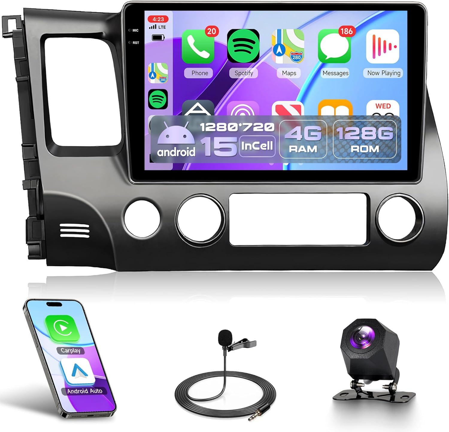4Core 4G+128G Android 15 Car Radio for Honda Civic 2006-2011, Rimoody Car Stereo Wireless Carplay Andorid auto Mirror Link 10'' INCELL Touchscreen GPS WiFi Bluetooth 5.0 FM/RDS EQ SWC Backup Camera