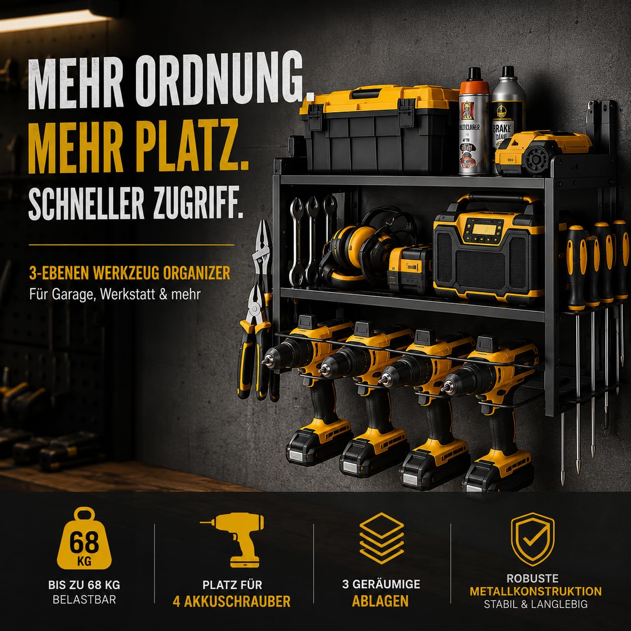 Generisch Organizer da parete, scaffale portautensili in metallo a 3 livelli per avvitatori a batteria, cacciaviti e accessori da officina, sistema di stoccaggio per garage, nero