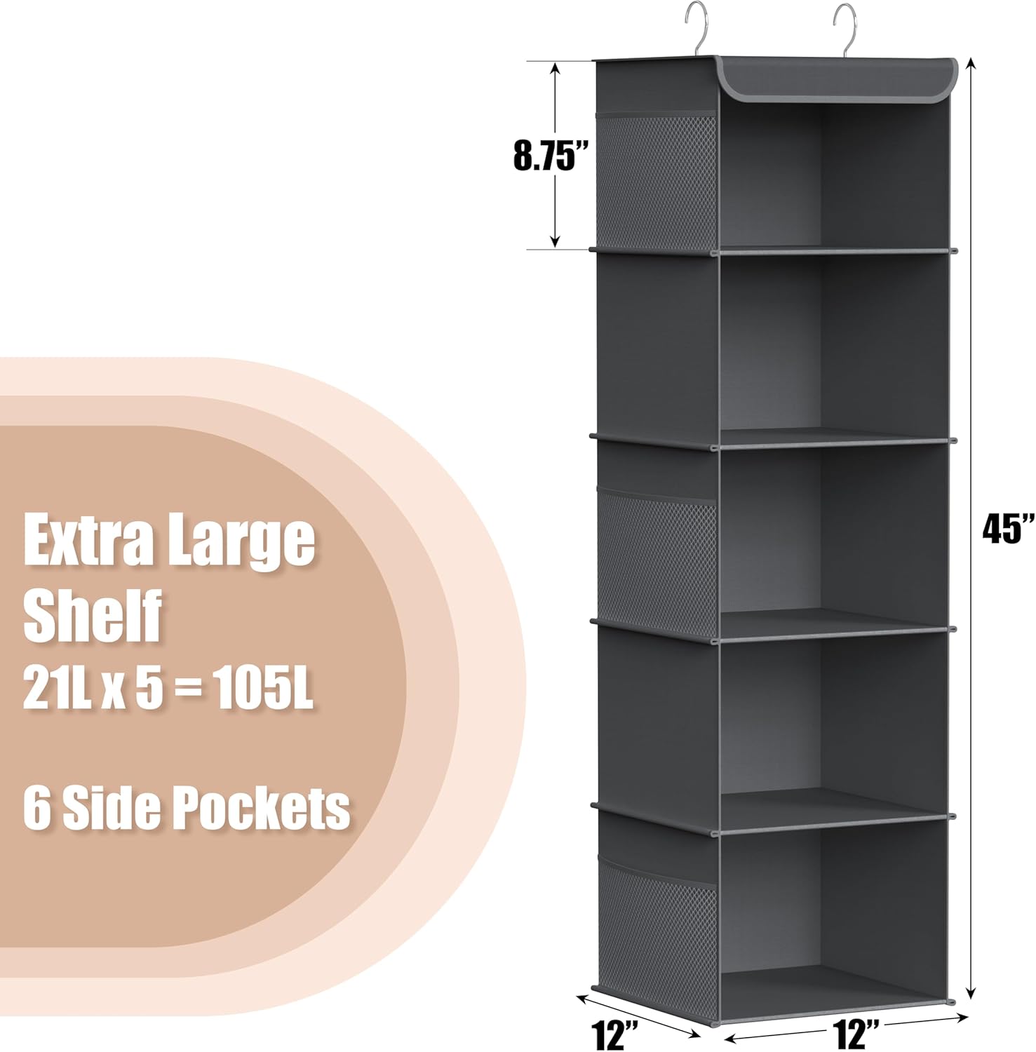 Simple Houseware 5 Shelf Hanging Closet Organizer, Dark Gray - Image 3