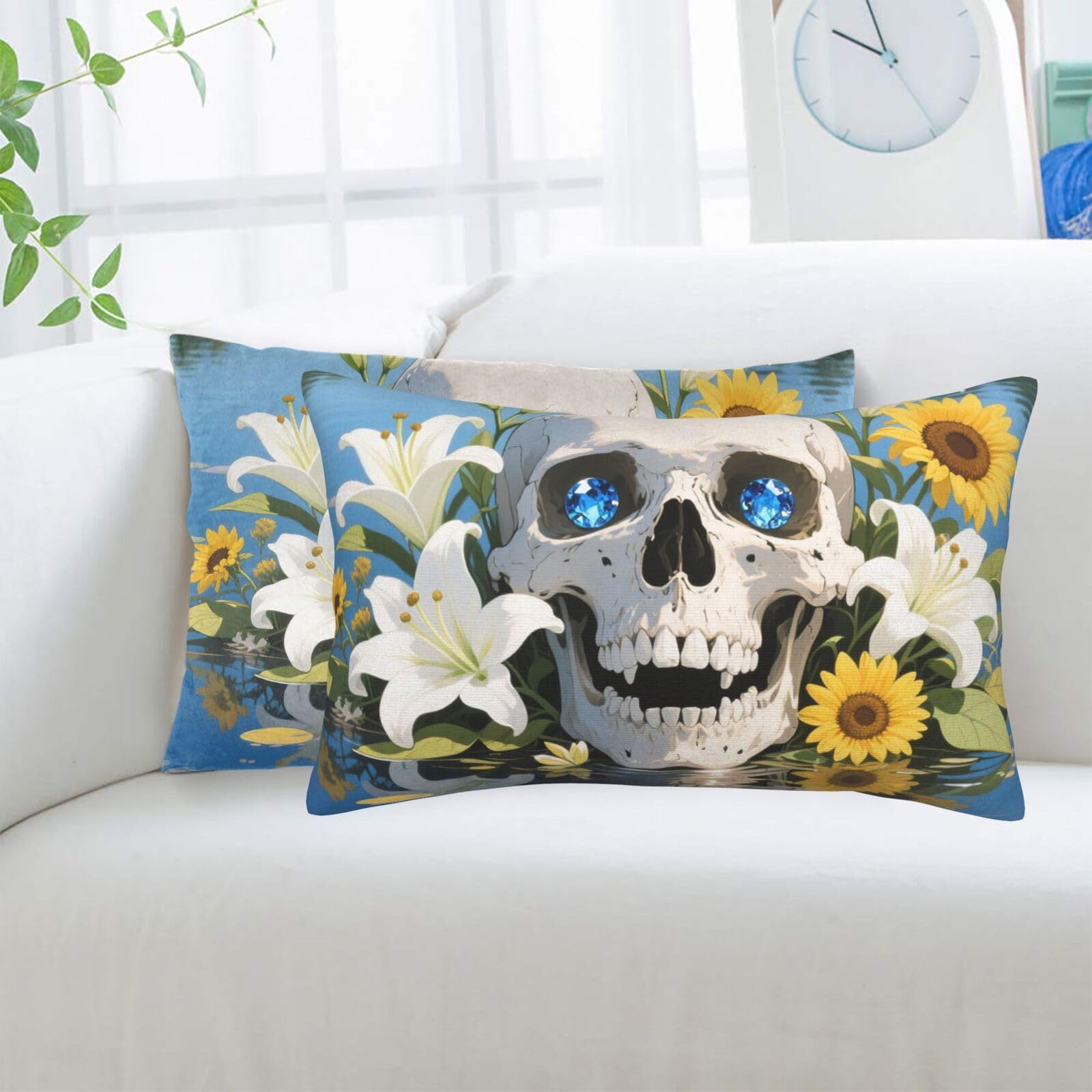 2 Pack Standard Pillowcases Sets, Ultra Soft Comfort Microfiber Plush Pillow Cases Human Skull Flowers Leaves Decorative Throw Pillow Cover with Hidden Zipper for Bedroom, Sofa, Couch,16"X24"
