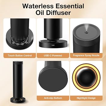 Waterless Diffuser, Waterless Essential Oil Diffuser for Home Hotel Adjustable Mist & Timer, Scent Diffuser Starter Kit with Night Light
