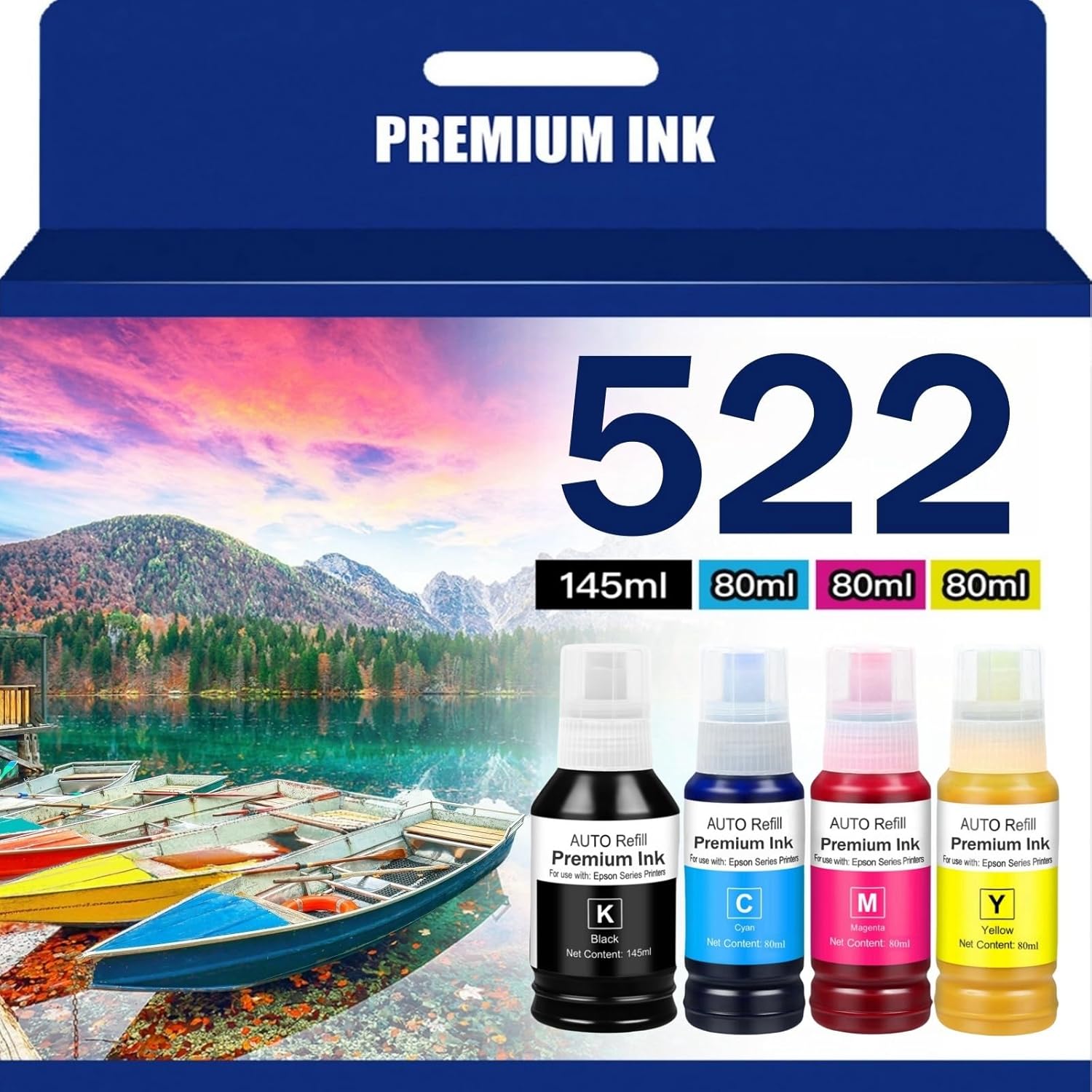 522 Ink Refill Bottles for EcoTank ET-2800, ET-2400, ET-2720, ET-2803, ET-2840, ET-4700, ET-4800, ET-4810（BK C M Y）