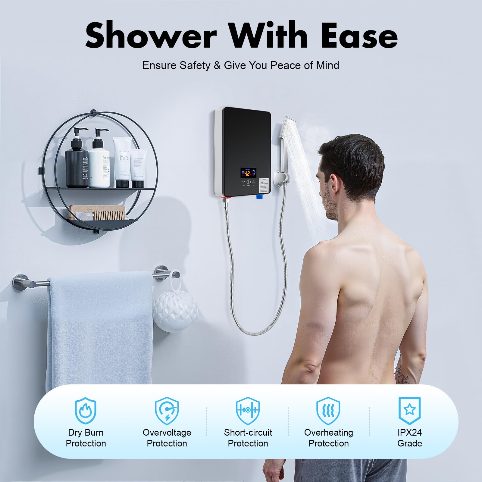 Podgrzewacz wody, elektryczny podgrzewacz wody, cyfrowy wyświetlacz z dyszą prysznicową, bezzbiornikowy, elektryczny podgrzewacz wody, regulowana temperatura 30-60°C, 220 V, 6500 W (czarny)