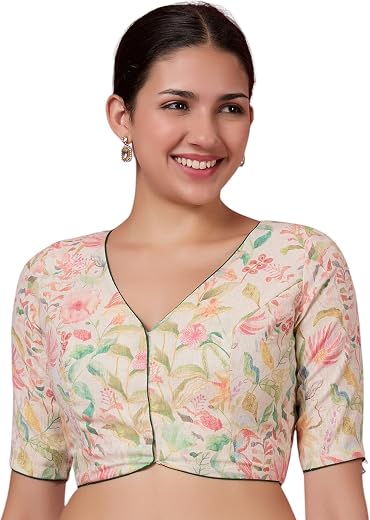 Studio Shringaar Women Linen Half Sleeve Multicoloured Printed Saree Blouse