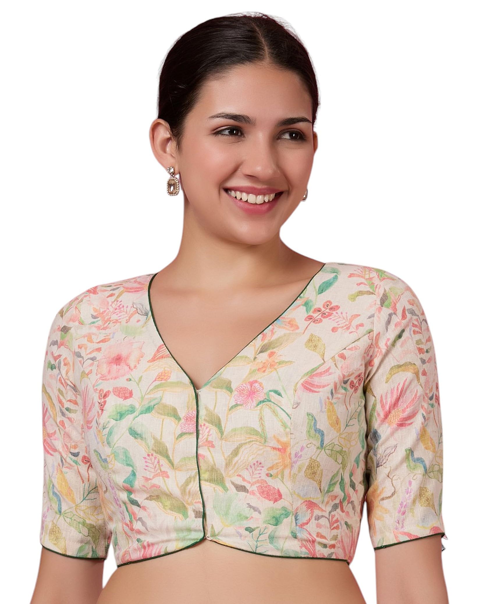 Women's Multicoloured Linen Printed Saree Blouse-image-11