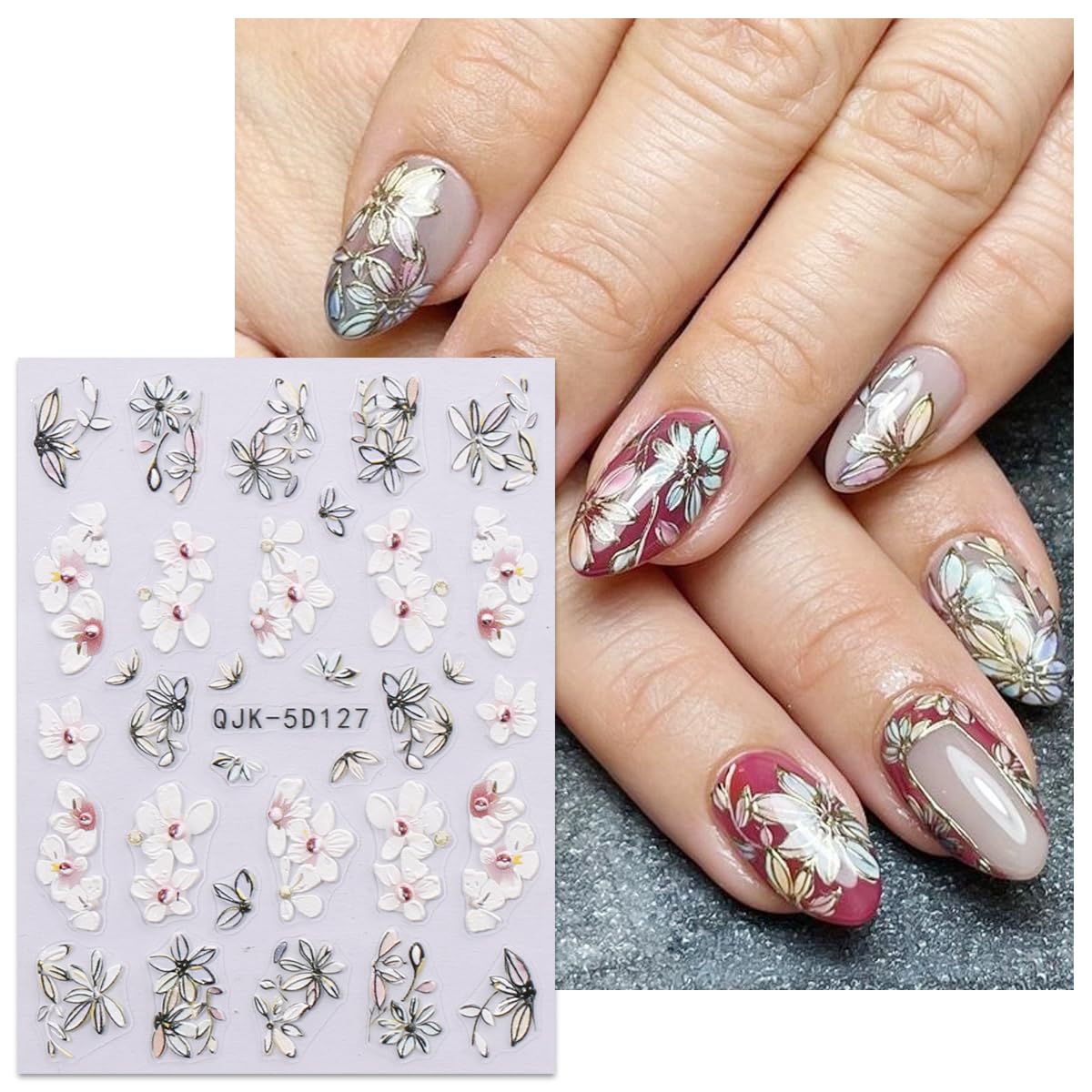 JMEOWIO 3D Nagelsticker, 4 Blätter Mit Blumen & Frühlingsmotiven | Selbstklebend Für DIY-Nageldesign