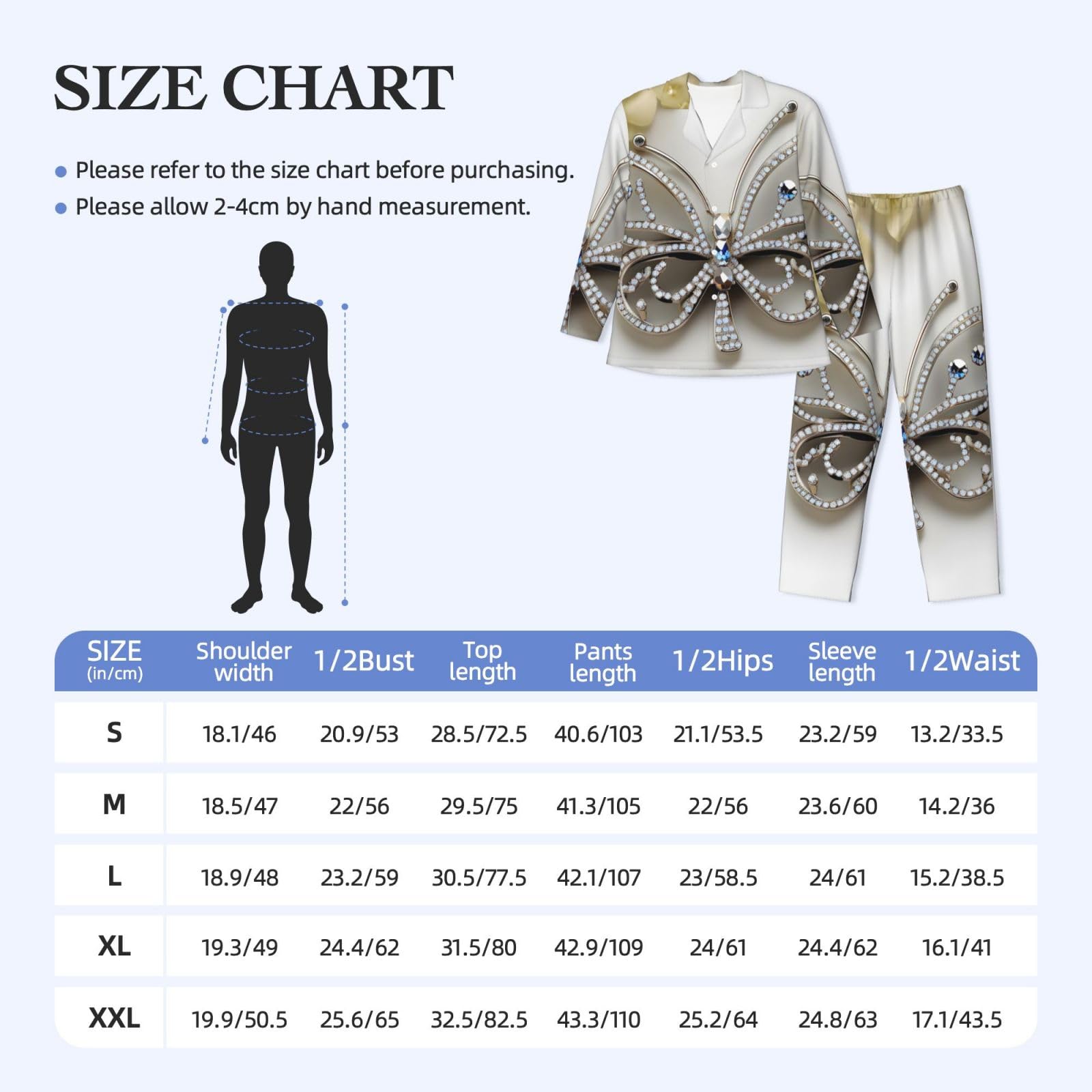 Conjunto de pijama de manga larga para hombre, diseño de mariposa y flores con diamantes de imitación, transpirable, cómodo