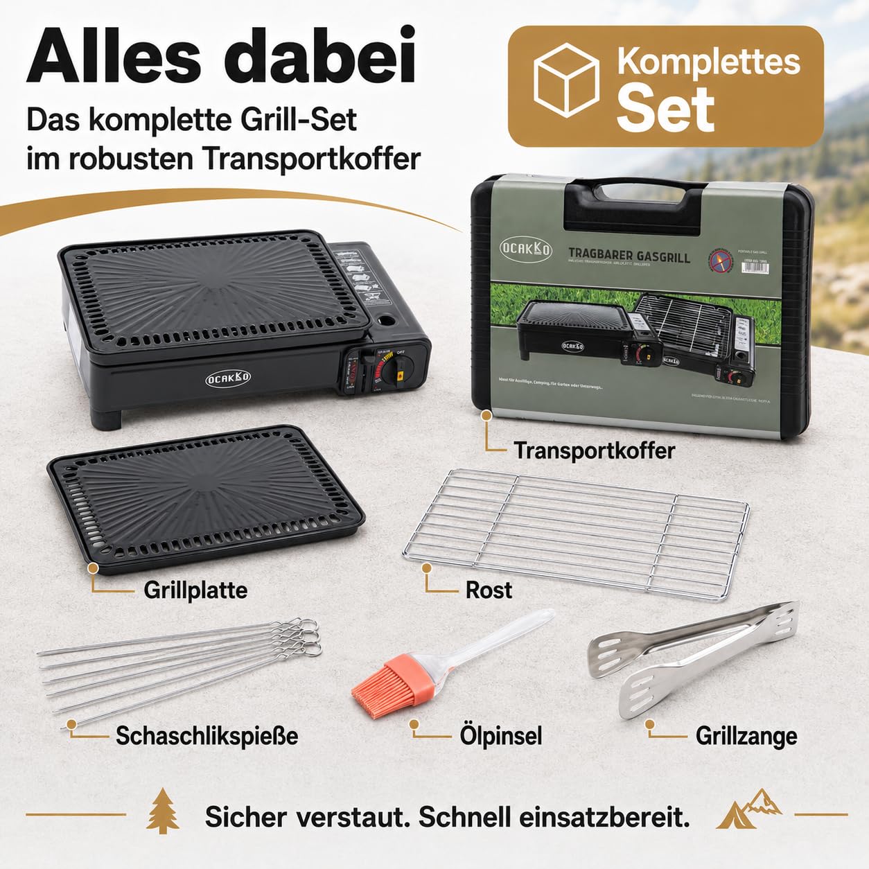 Gasgrill Camping mit 8 Kartuschen Grillplatte Grillrost + Schaschlikpieße