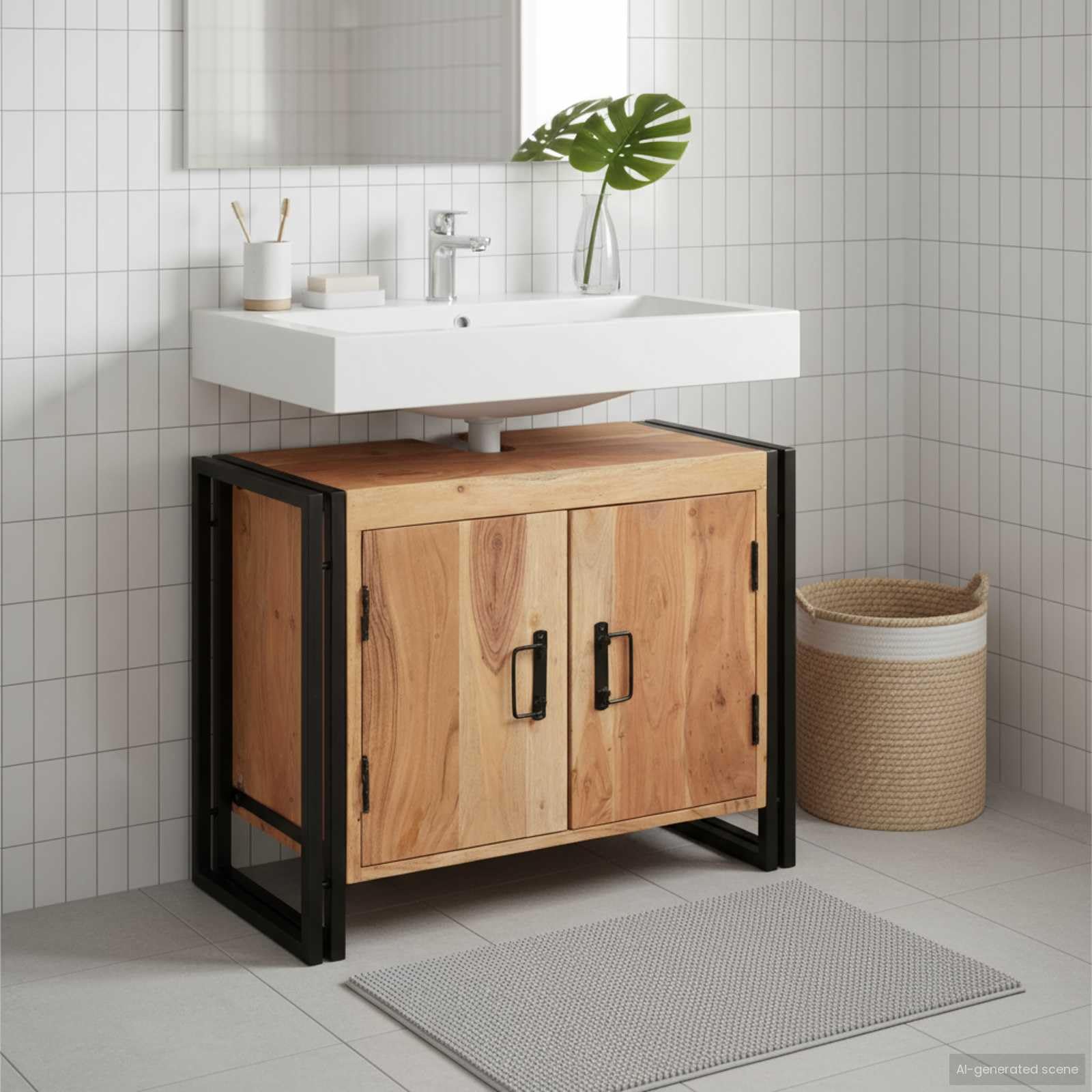 Meuble sous lavabo bois massif d'acacia et métal pour bain chic