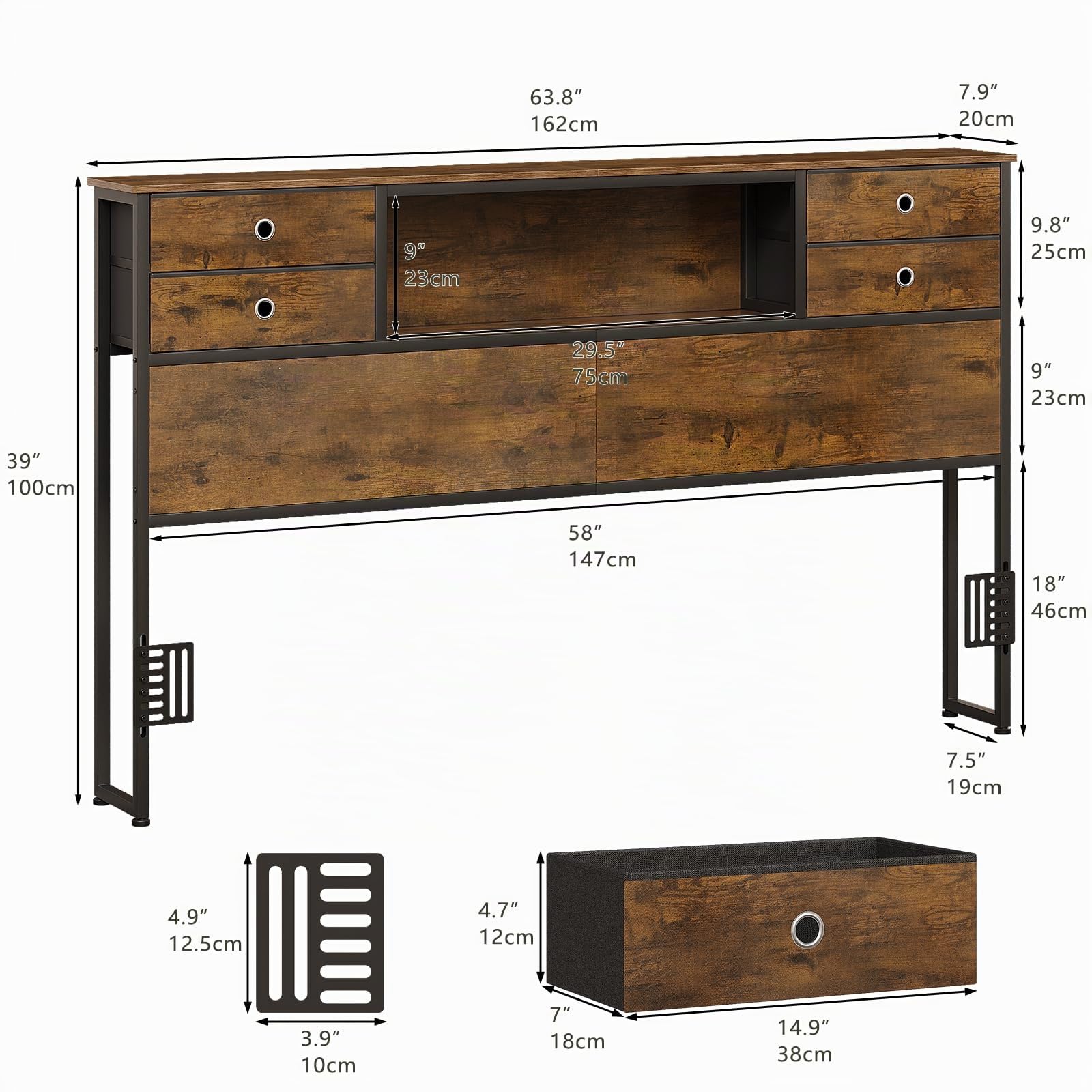 VEDECASA Testiera per letto 160x200 cm con 4 cassetti in tessuto e ripiano, testiera autoportante con vano portaoggetti, fissaggio regolabile per telaio del letto, in legno e metallo, stile