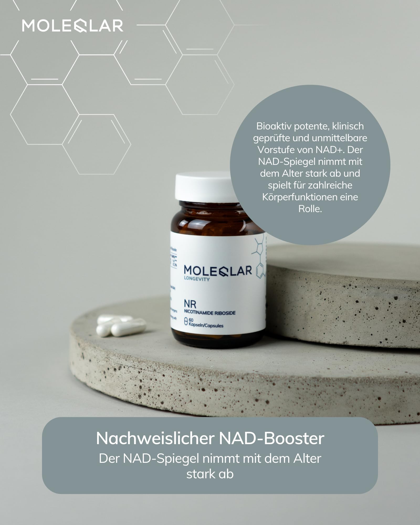 MoleQlar Nicotinamid Ribosid Kapseln - Cellular Energy Support* - Nahrungsergänzungsmittel mit 300 mg Nicotinamid Ribosid Chlorid (NR) pro Kapsel - 60 Stück