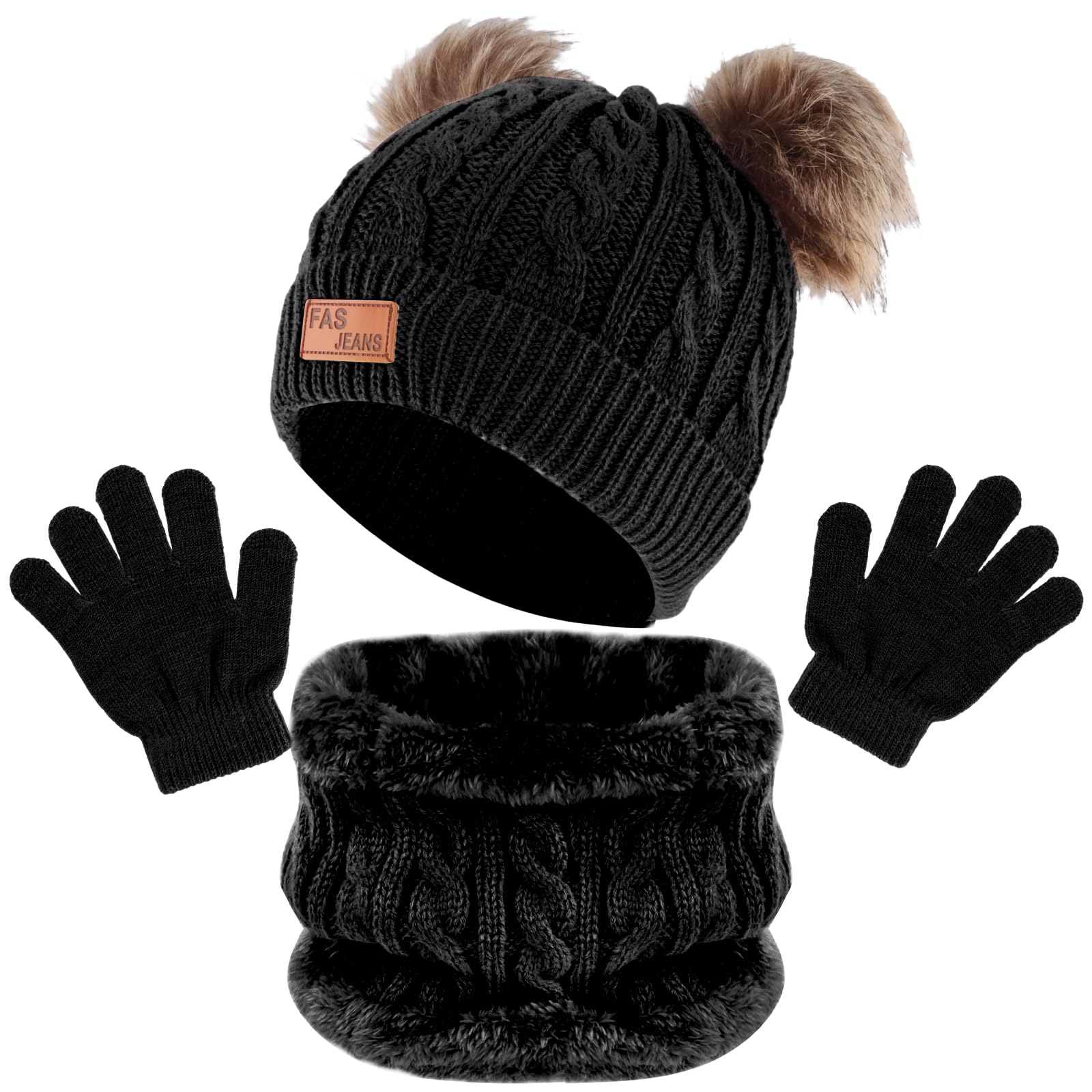 volumoon Zestaw 3 czapek, szalików, rękawiczek dla dzieci, czapka beanie, okrągły szal z polarową podszewką, zestaw ciepły, zimowy zestaw dzianin, czapka szalik i rękawiczki dla chłopców, dziewcząt w
