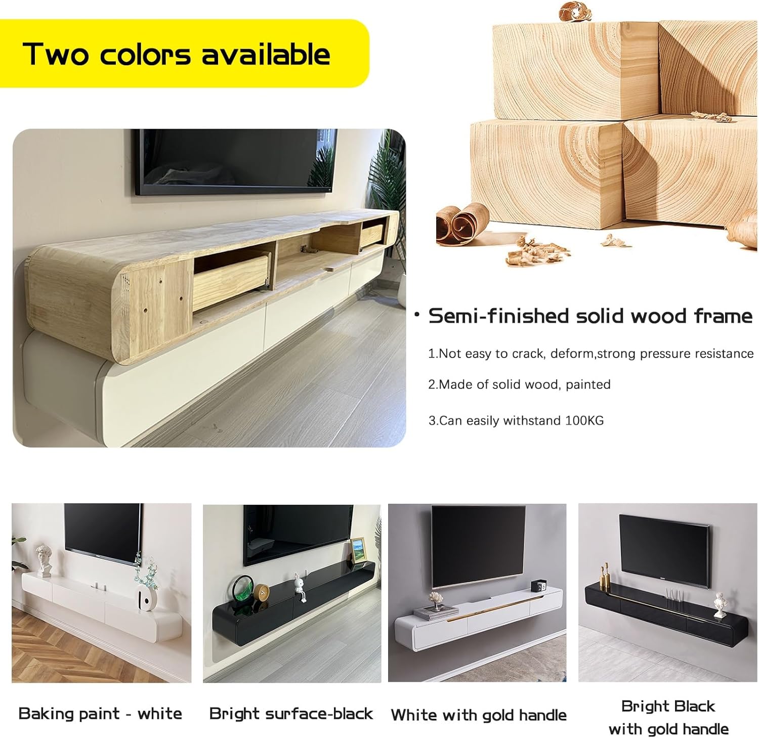 モダンな壁掛けフローティングテレビスタンド 収納棚付き 光沢のあるホワイトとゴールドのテレビキャビネット メディアコンソールテーブル