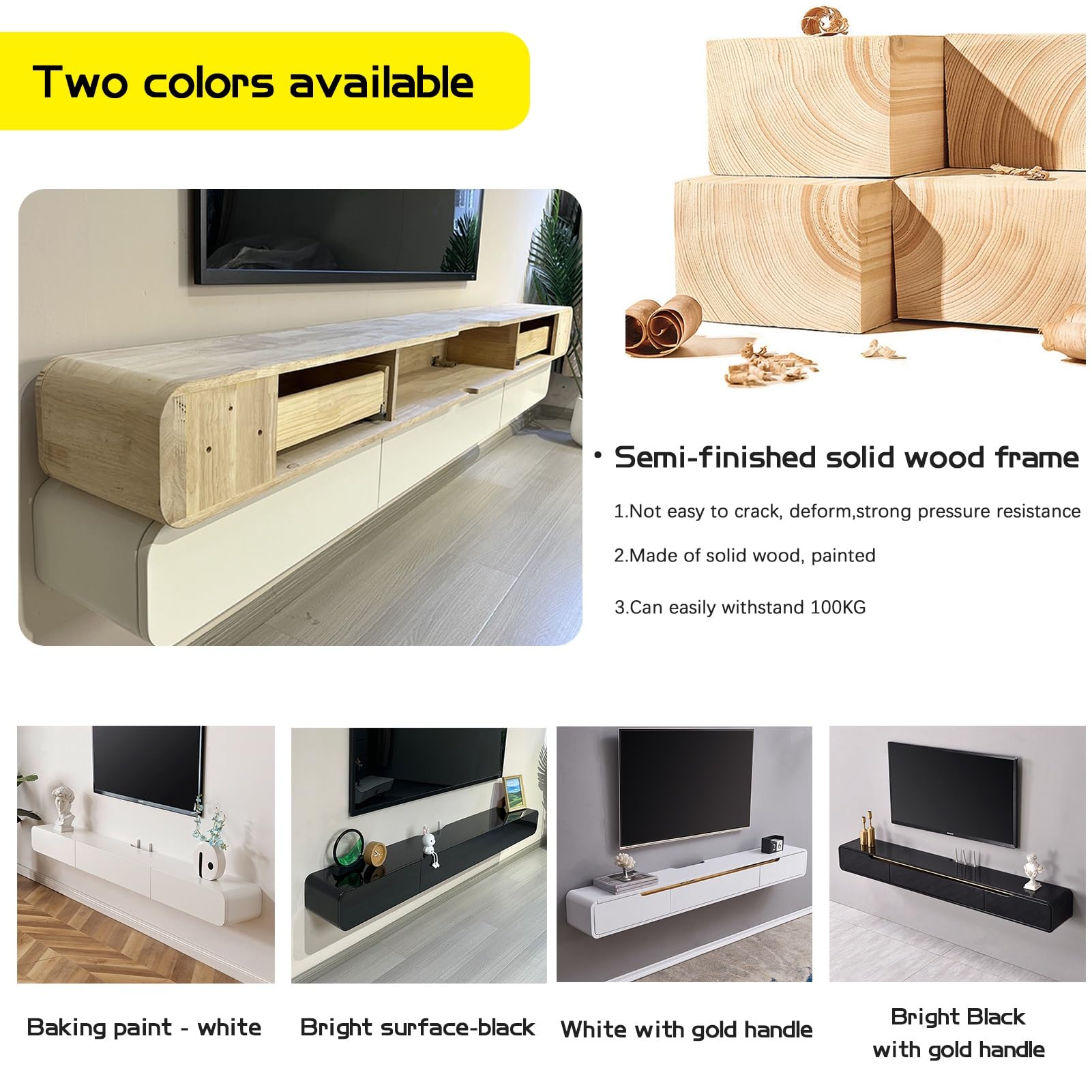 Moderner TV-Ständer zur Wandmontage mit Ablage, schwebender, glänzender Entertainment-Center-Medienkonsolentisch für das Wohnzimmer, Weiß und Gold, 200 cm